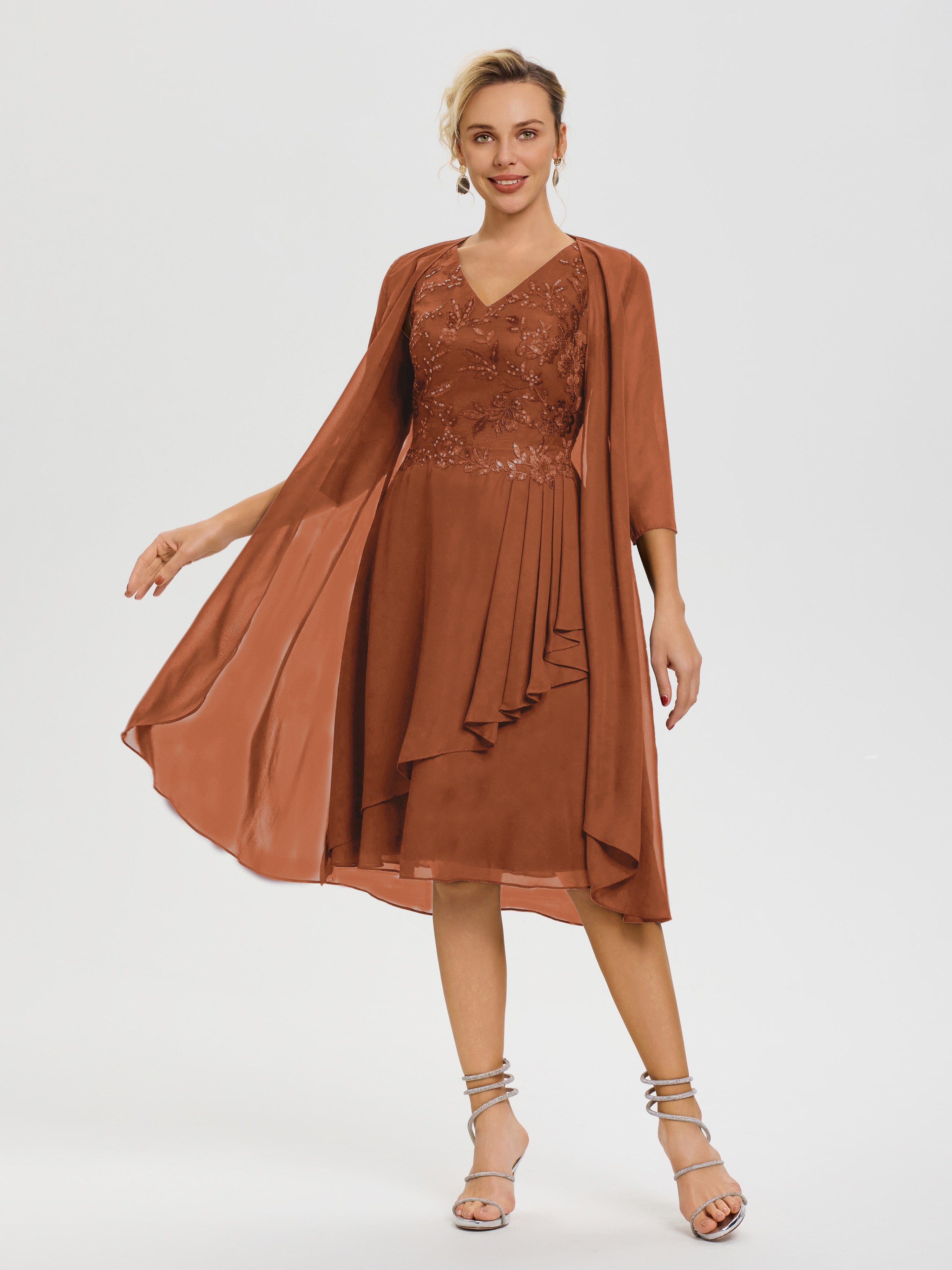 Robe Mere De La Mariee Terracotta 2 Pièces Asymétrique Col V Mousseline & Dentelle Tenue Mère De La Mariée Très Chic