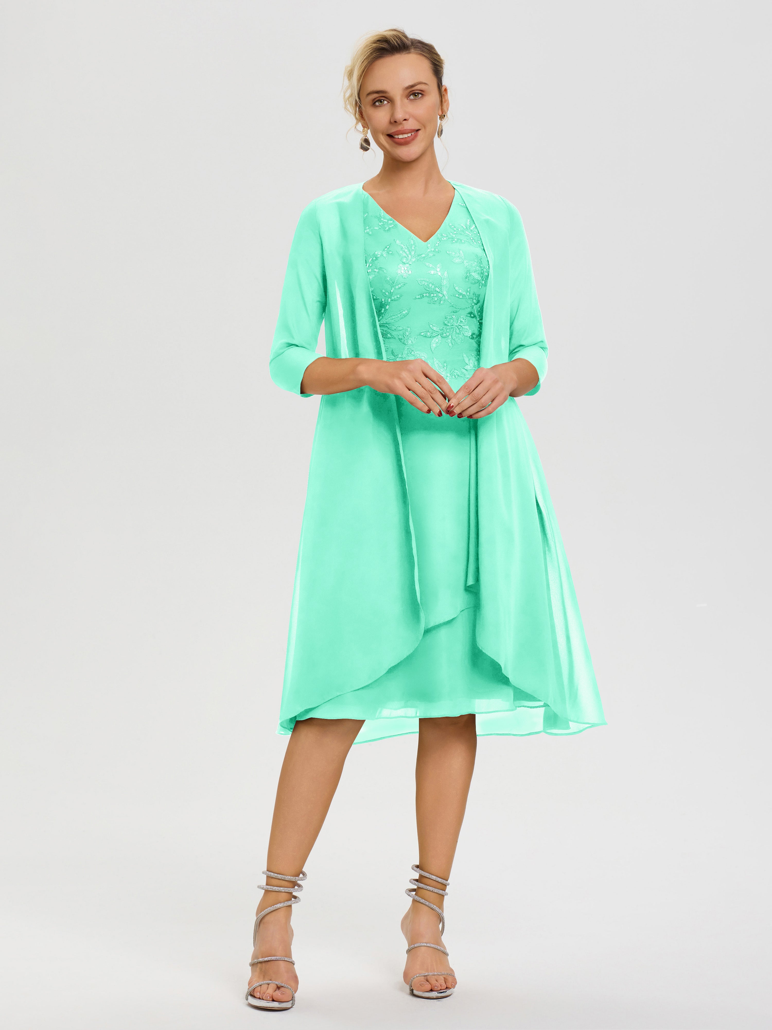 Robe Mère De Marié Turquoise 2 Pièces Asymétrique Col V Mousseline & Dentelle Tenue Mère De La Mariée Très Chic