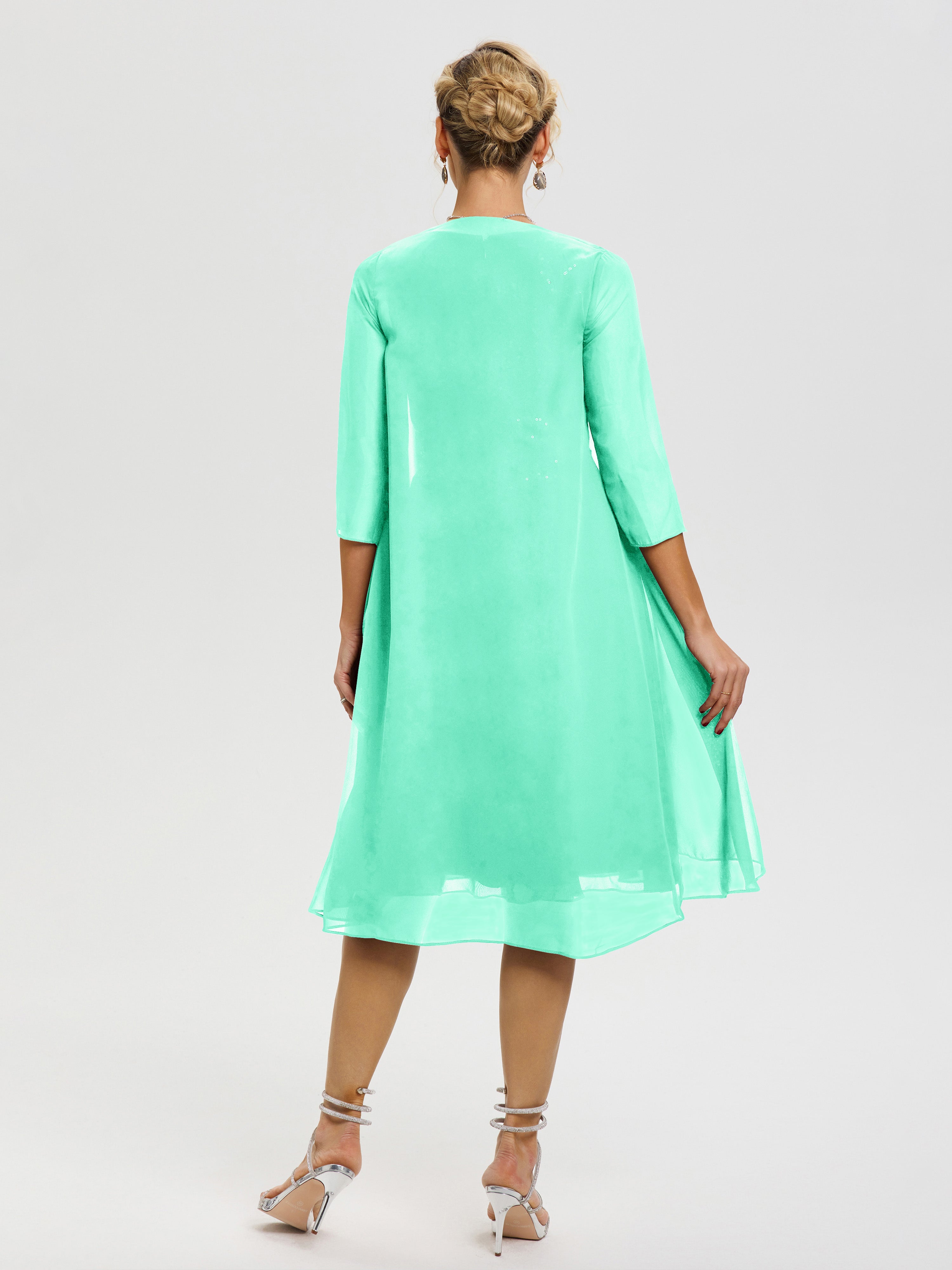 Robe Mère De Marié Turquoise 2 Pièces Asymétrique Col V Mousseline & Dentelle Tenue Mère De La Mariée Très Chic