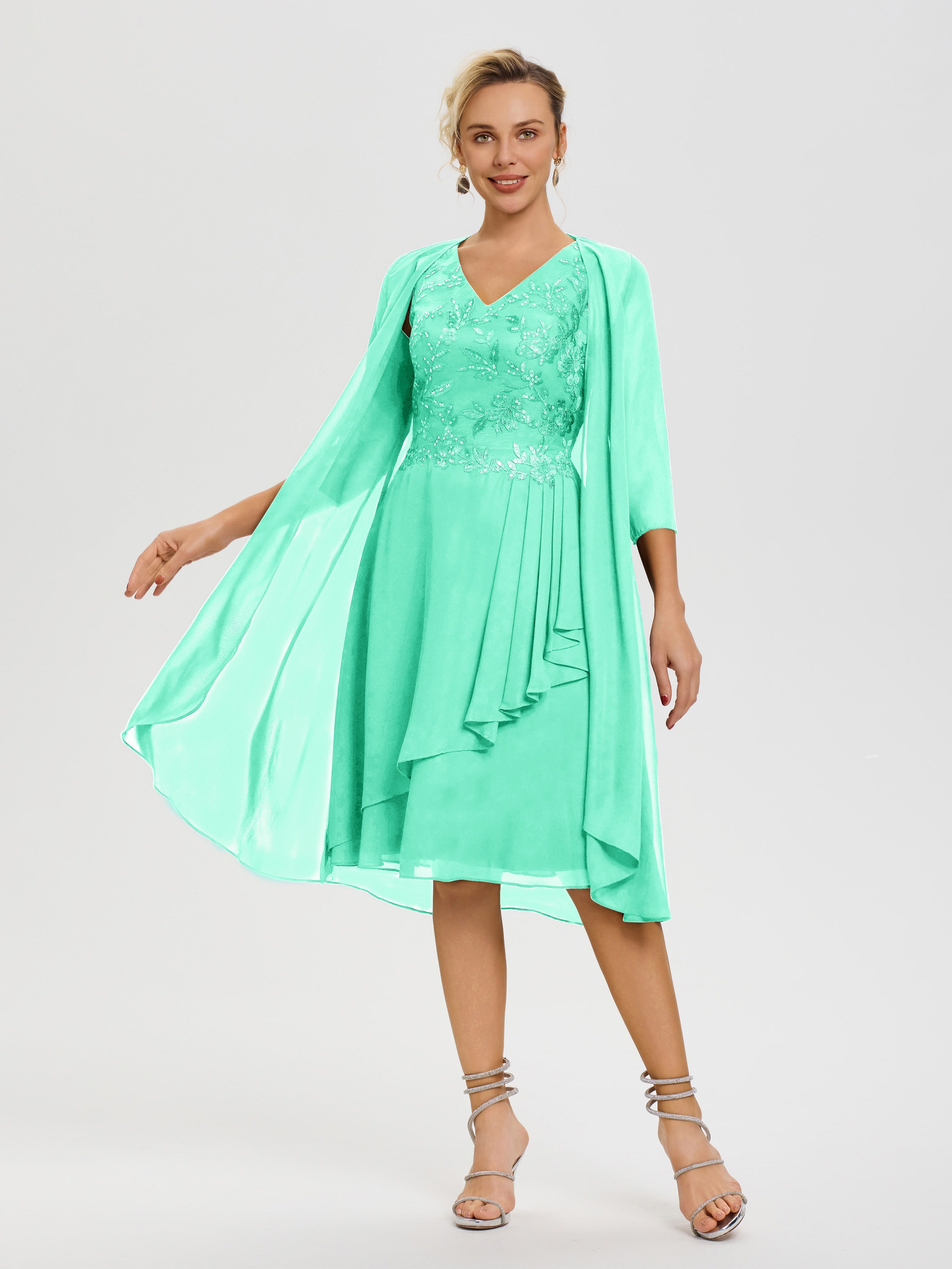 Robe Mère De Marié Turquoise 2 Pièces Asymétrique Col V Mousseline & Dentelle Tenue Mère De La Mariée Très Chic