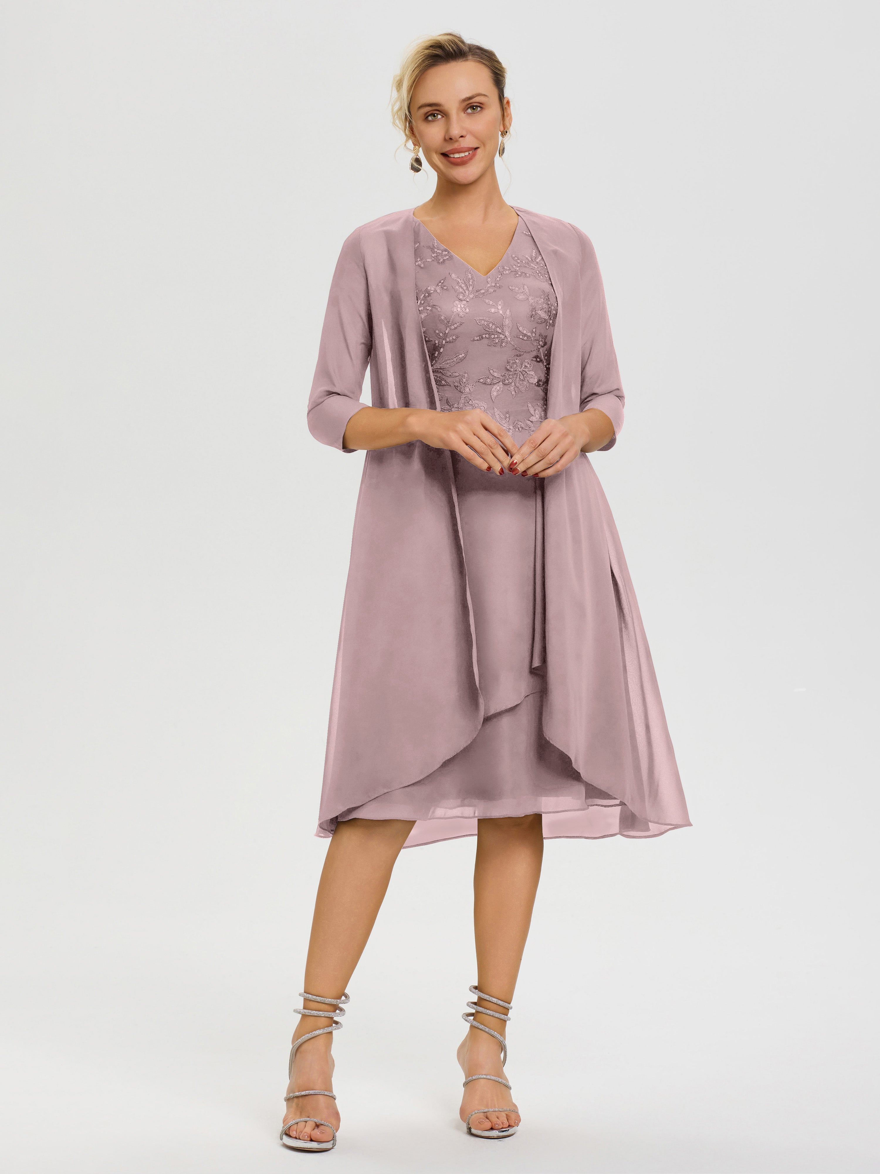 Robe Mère De Marié Vintage Mauve 2 Pièces Asymétrique Col V Mousseline & Dentelle Tenue Mère De La Mariée Très Chic