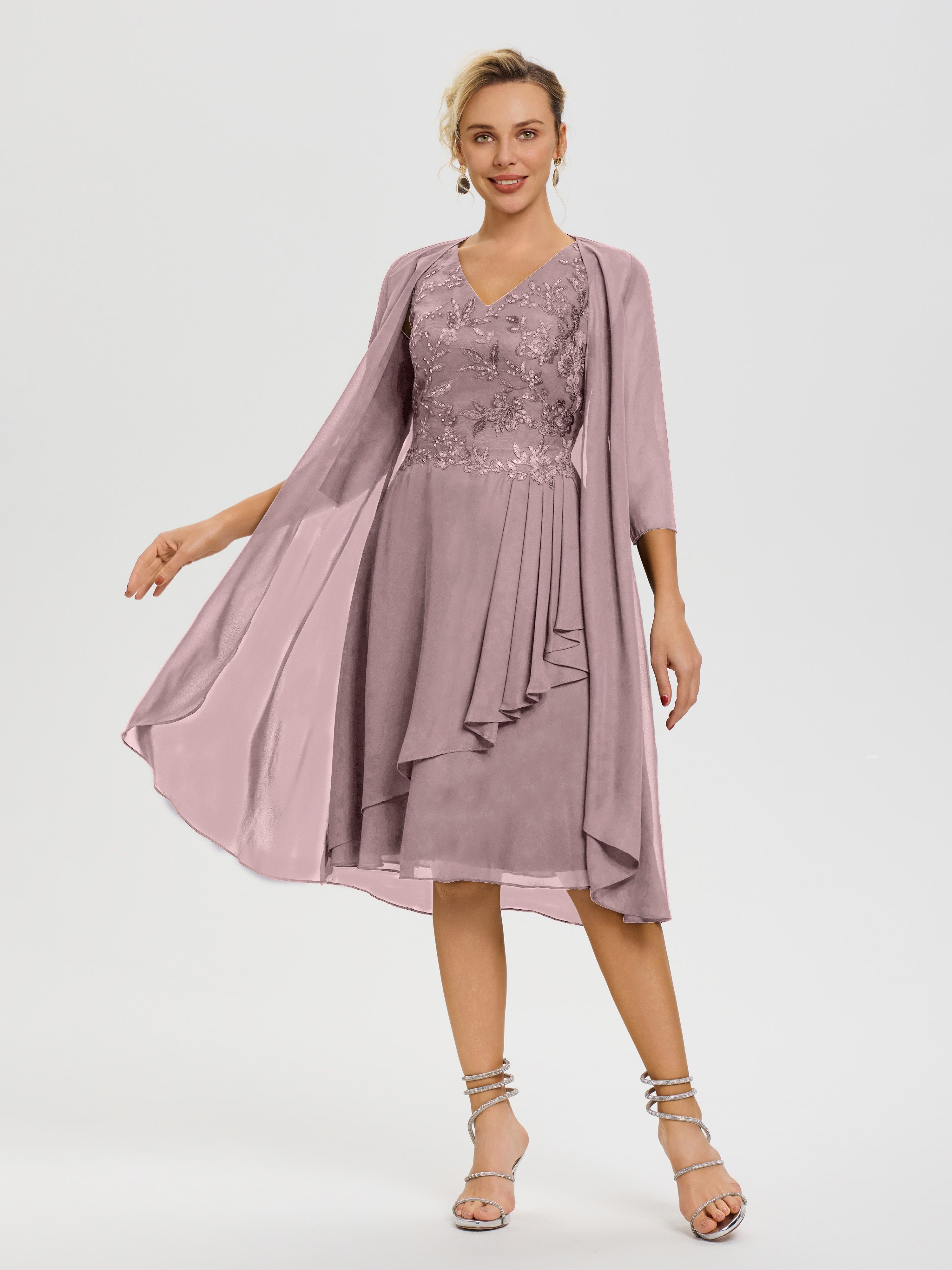 Robe Mère De Marié Vintage Mauve 2 Pièces Asymétrique Col V Mousseline & Dentelle Tenue Mère De La Mariée Très Chic