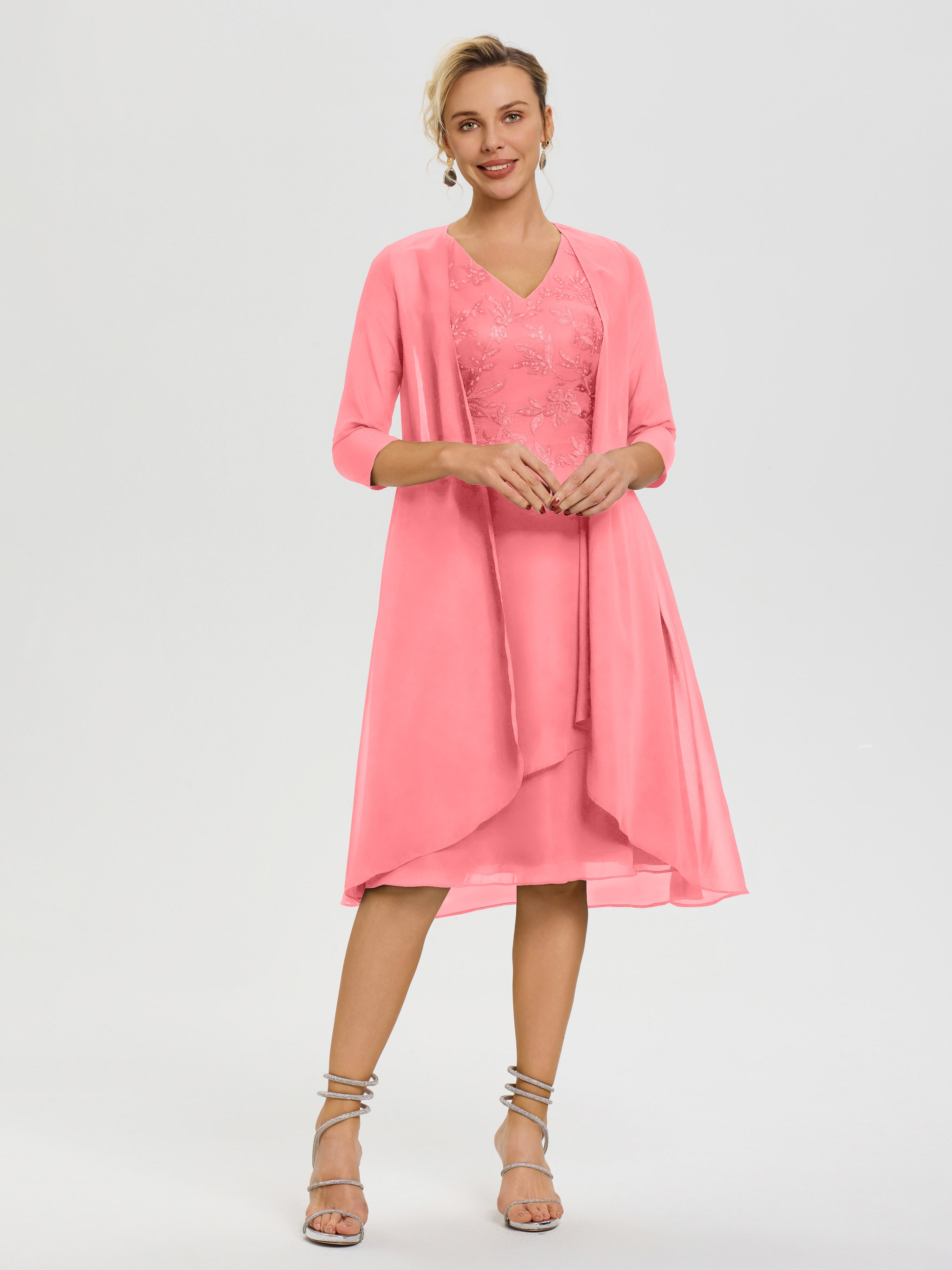 Robe Mère Marié Pastèque 2 Pièces Asymétrique Col V Mousseline & Dentelle Tenue Mère De La Mariée Très Chic