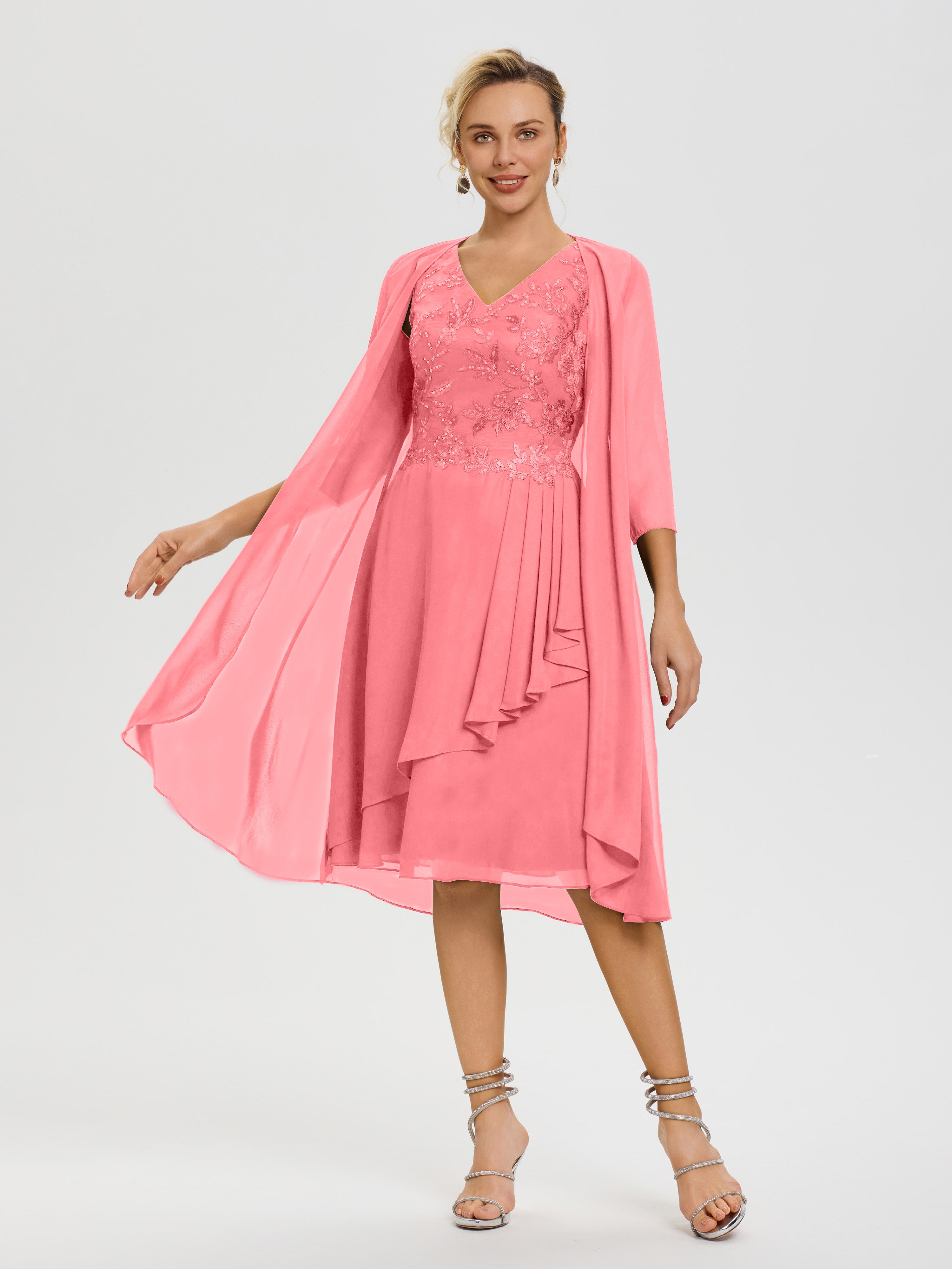 Robe Mère Marié Pastèque 2 Pièces Asymétrique Col V Mousseline & Dentelle Tenue Mère De La Mariée Très Chic