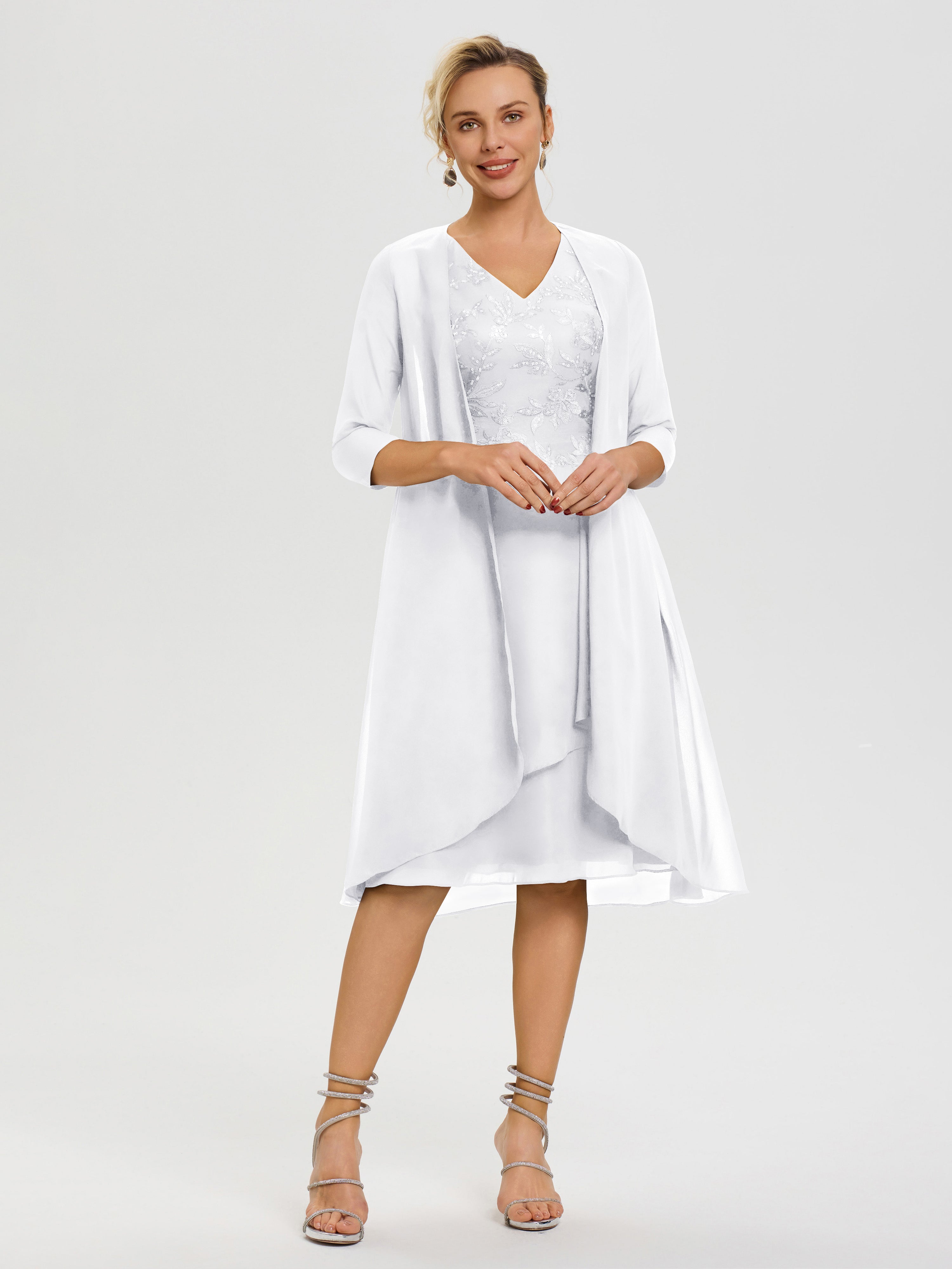 Robe Mère Mariée Blanc 2 Pièces Asymétrique Col V Mousseline & Dentelle Tenue Mère De La Mariée Très Chic