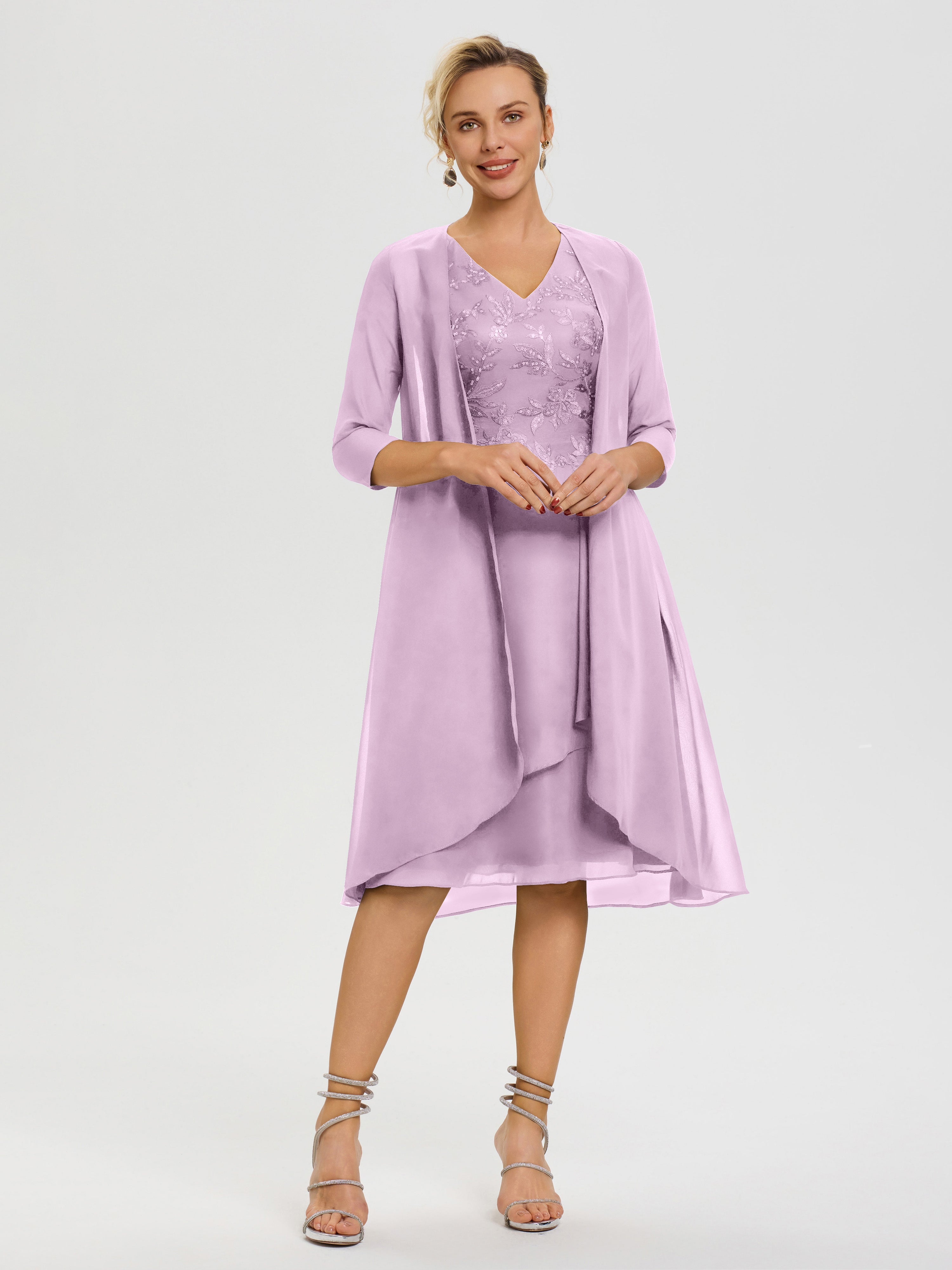 Robe Mère Mariée Glycine 2 Pièces Asymétrique Col V Mousseline & Dentelle Tenue Mère De La Mariée Très Chic