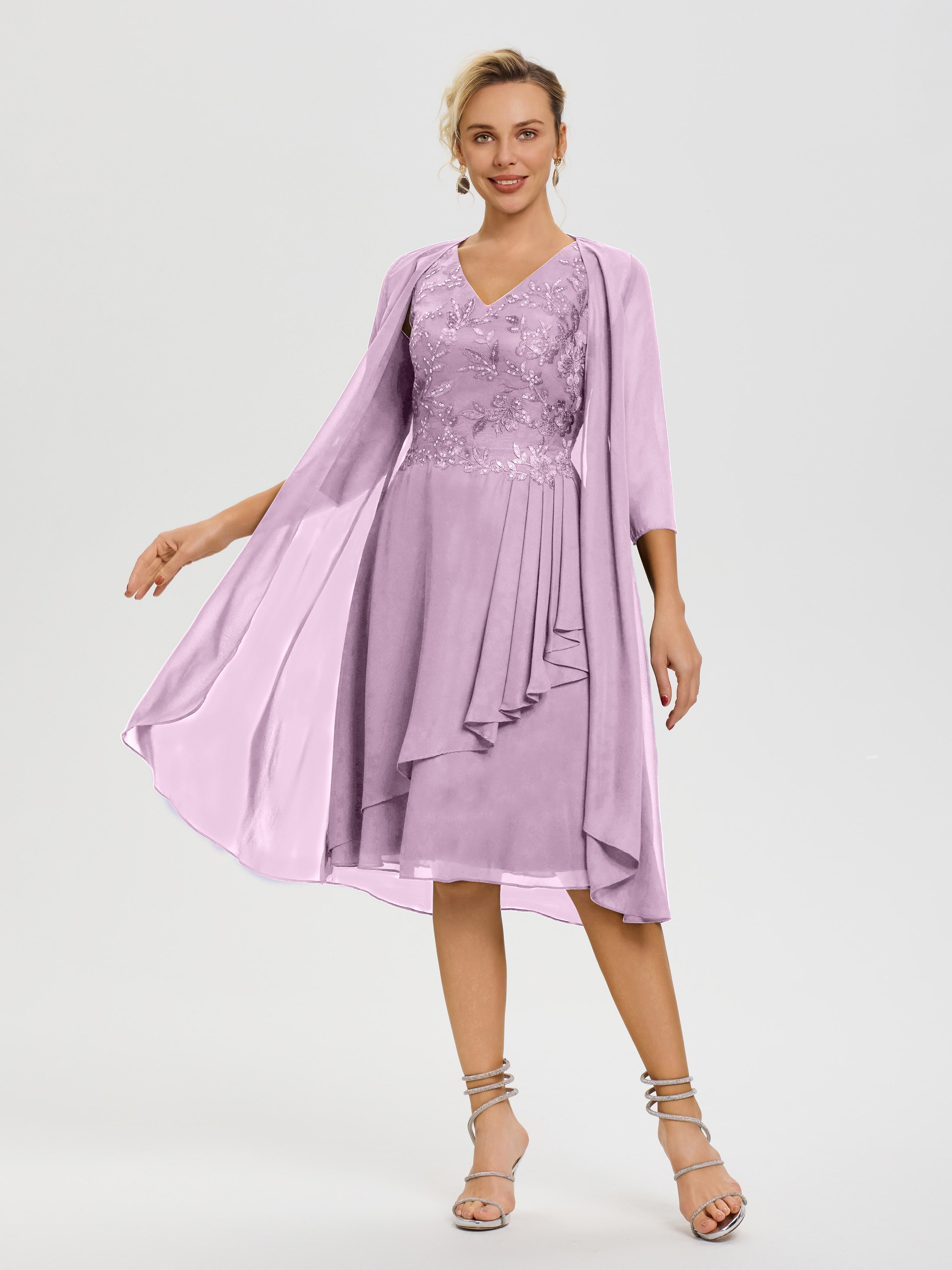 Robe Mère Mariée Glycine 2 Pièces Asymétrique Col V Mousseline & Dentelle Tenue Mère De La Mariée Très Chic