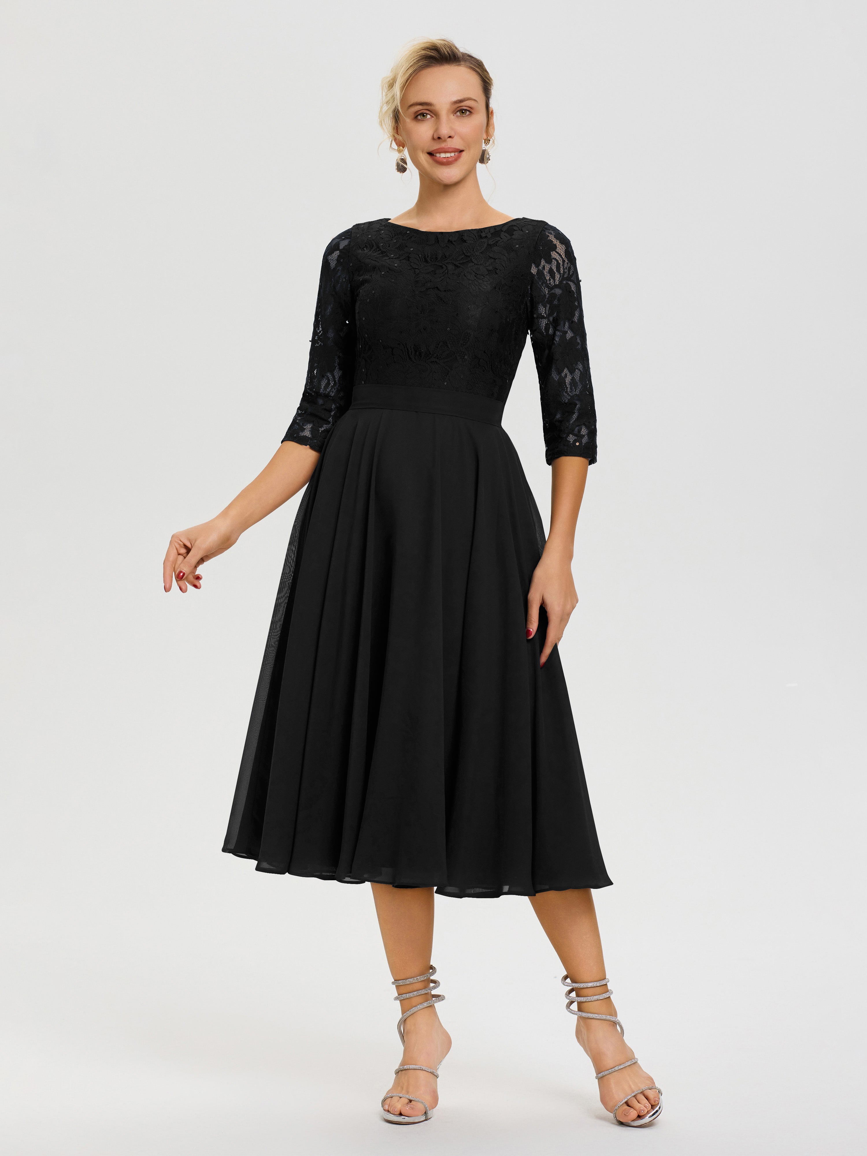 Robe De La Mère Du Marié Noir Col Rond Mousseline & Dentelle Robe Mère De La Mariée