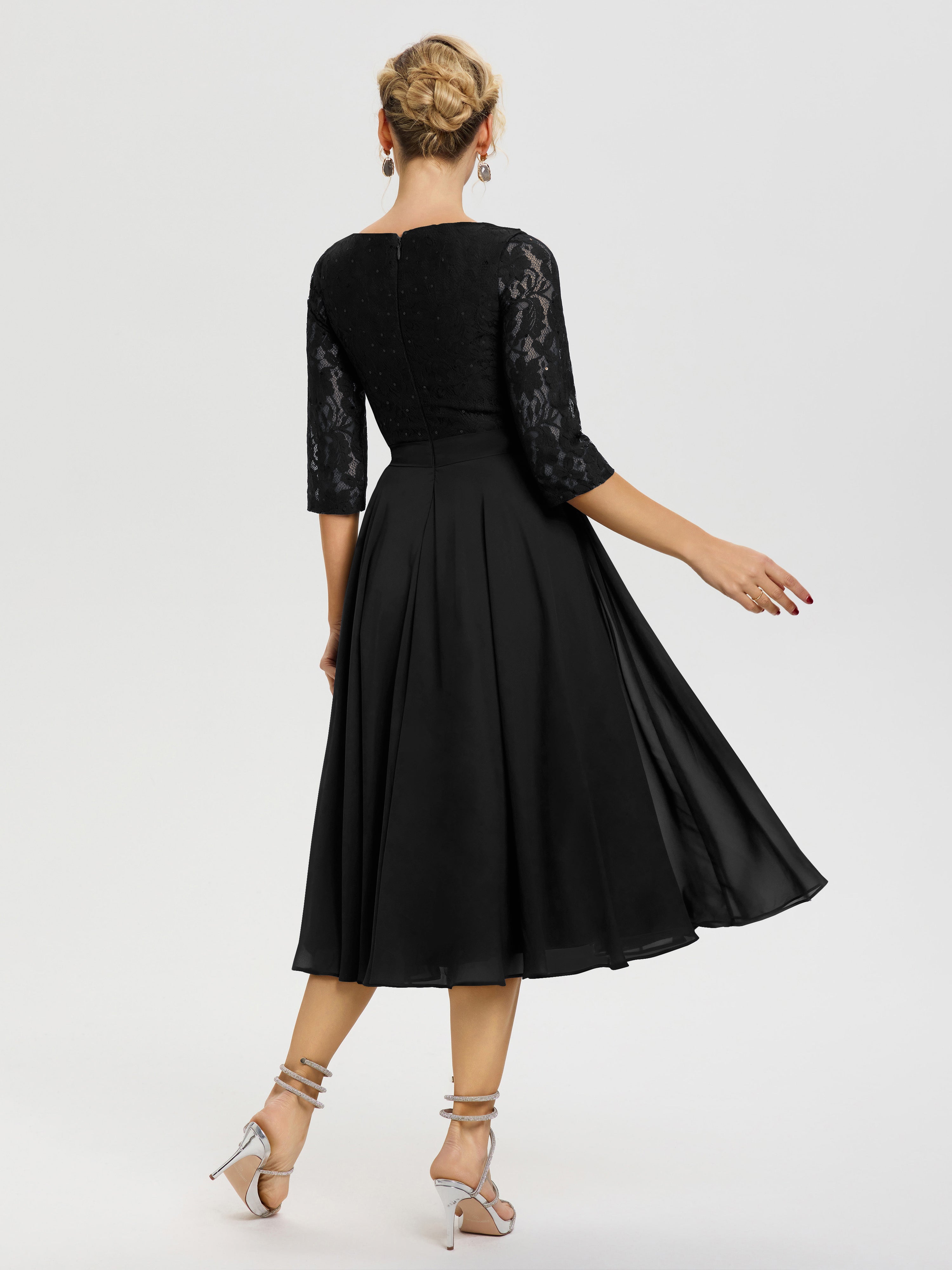 Robe De La Mère Du Marié Noir Col Rond Mousseline & Dentelle Robe Mère De La Mariée