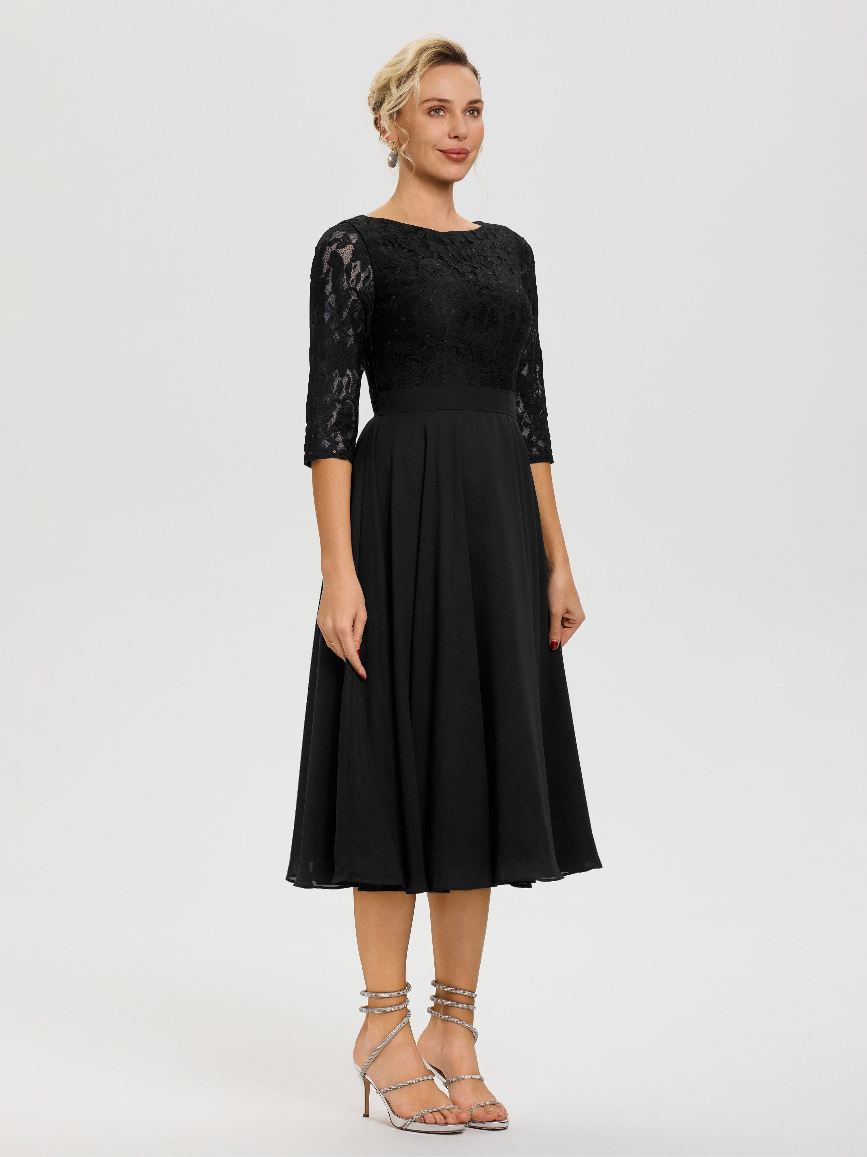 Robe De La Mère Du Marié Noir Col Rond Mousseline & Dentelle Robe Mère De La Mariée