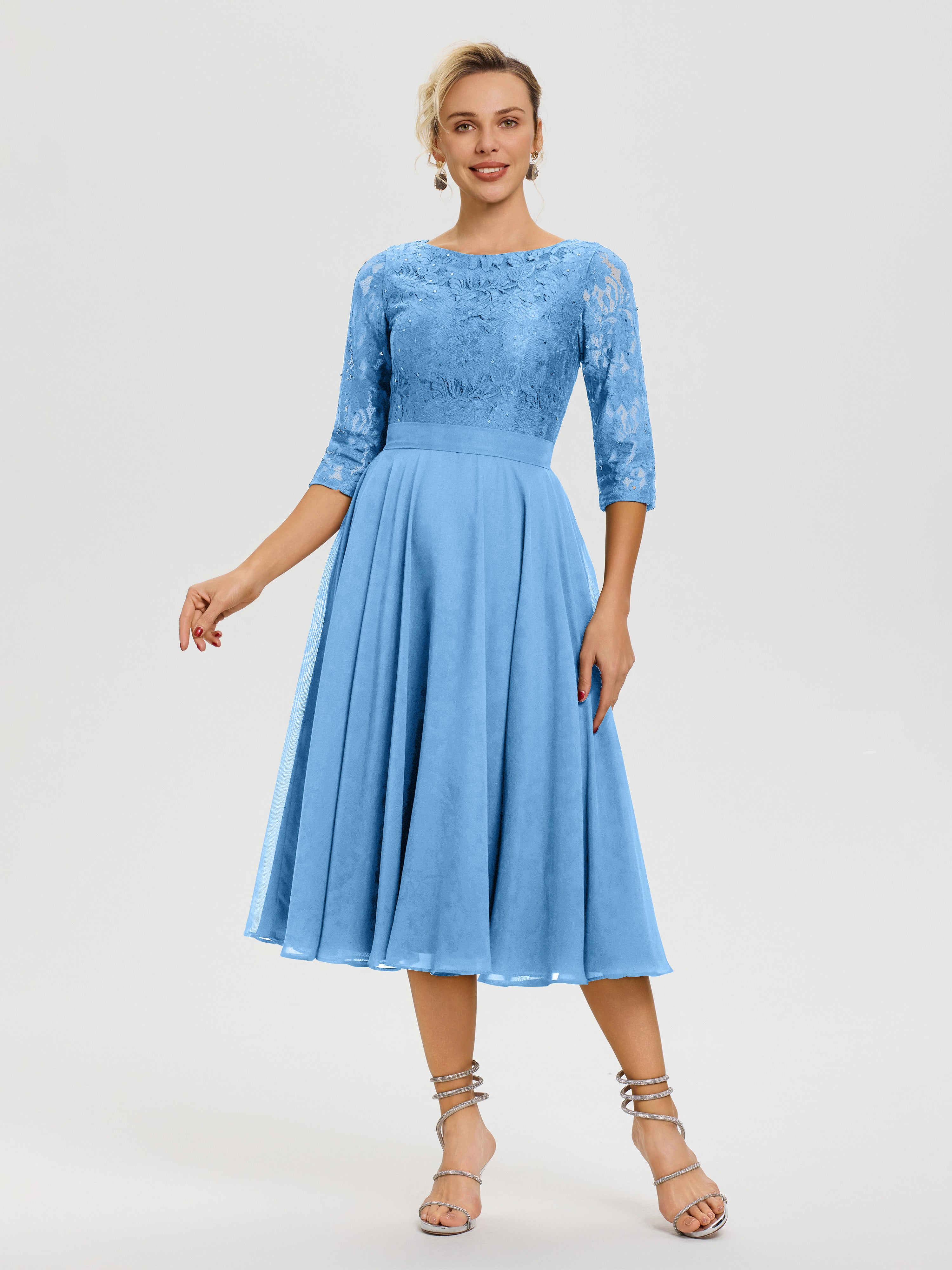 Robe Mere Dela Mariee Bleu Col Rond Mousseline & Dentelle Robe Mère De La Mariée