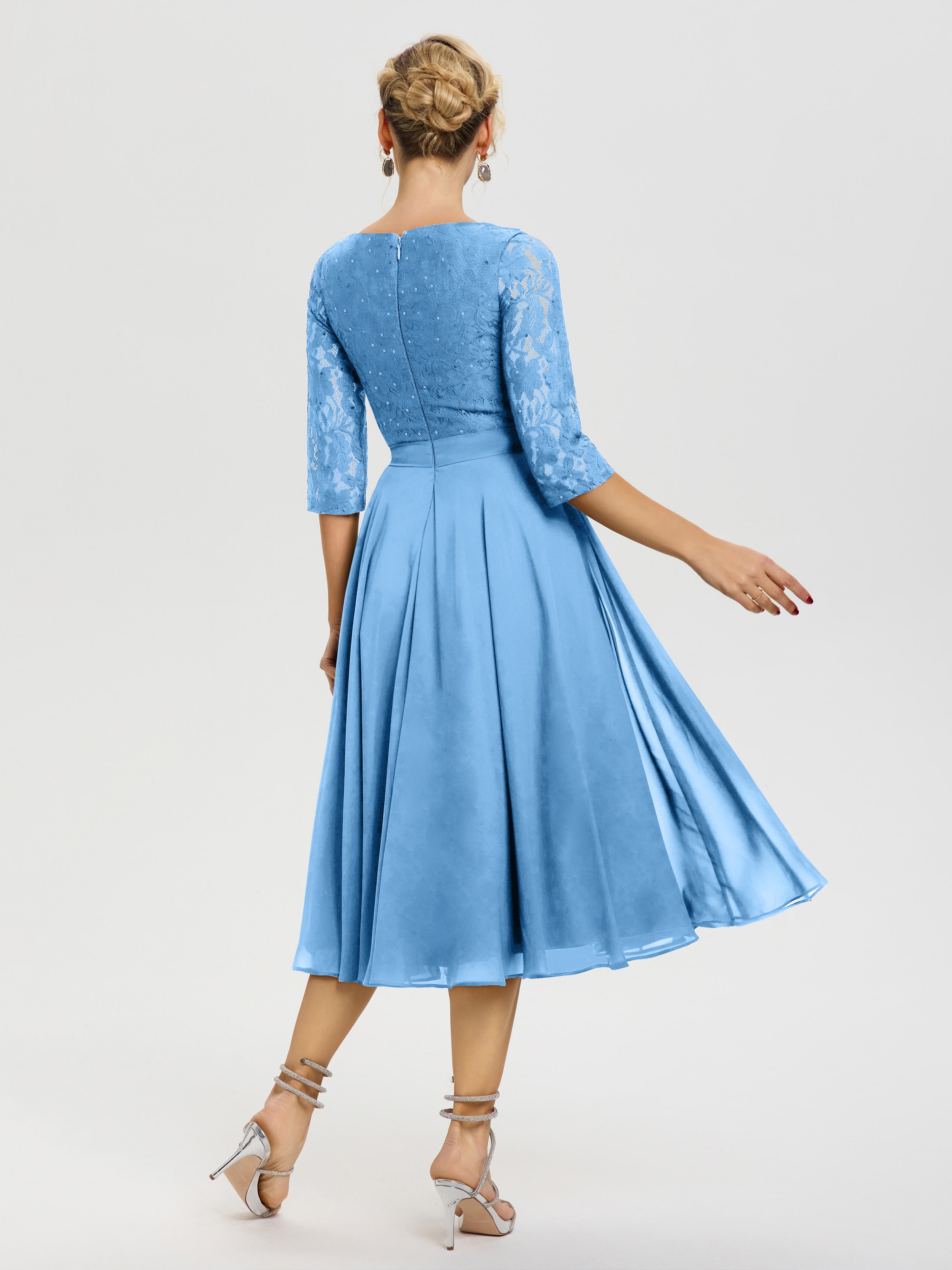 Robe Mere Dela Mariee Bleu Col Rond Mousseline & Dentelle Robe Mère De La Mariée