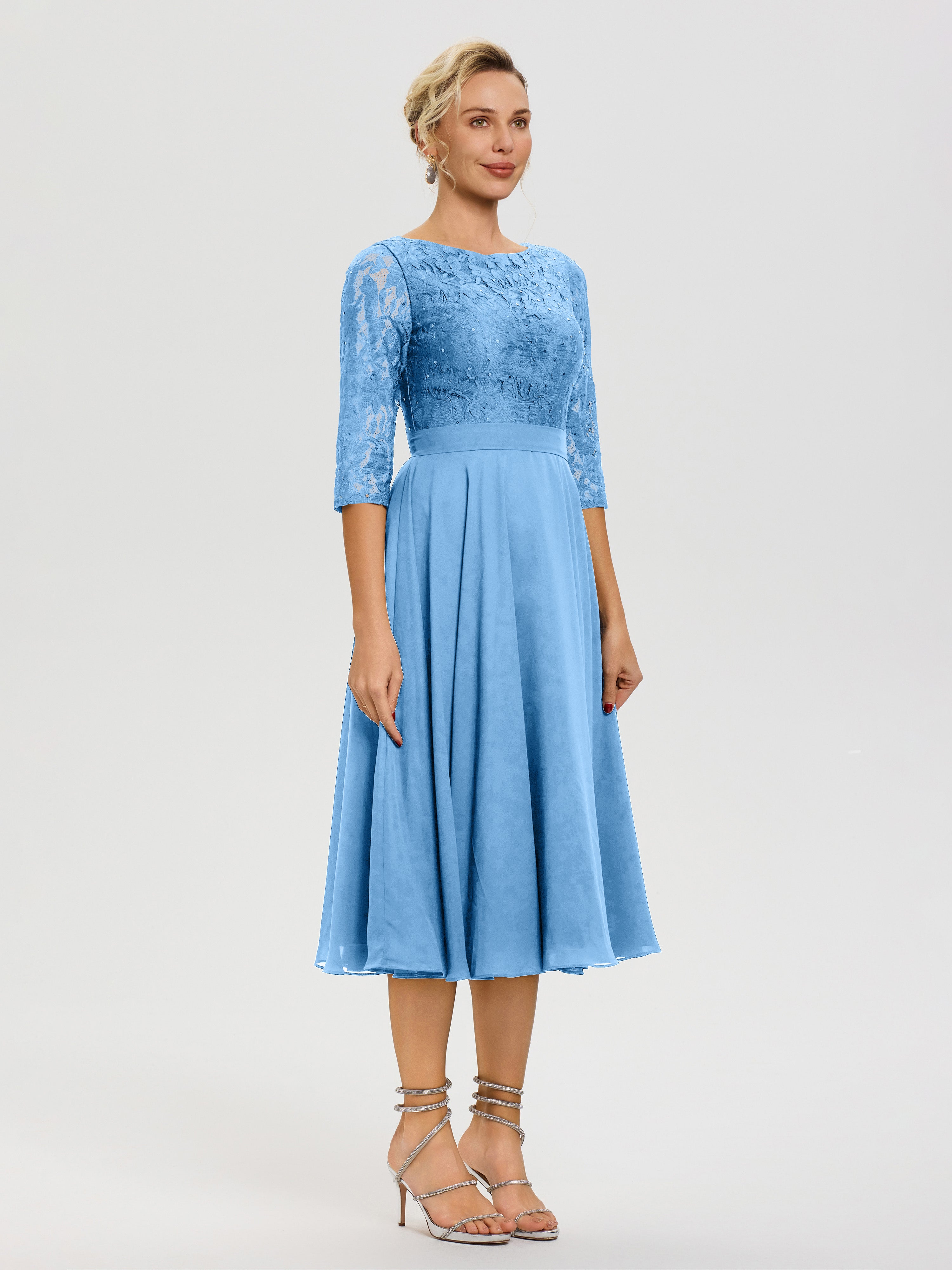 Robe Mere Dela Mariee Bleu Col Rond Mousseline & Dentelle Robe Mère De La Mariée