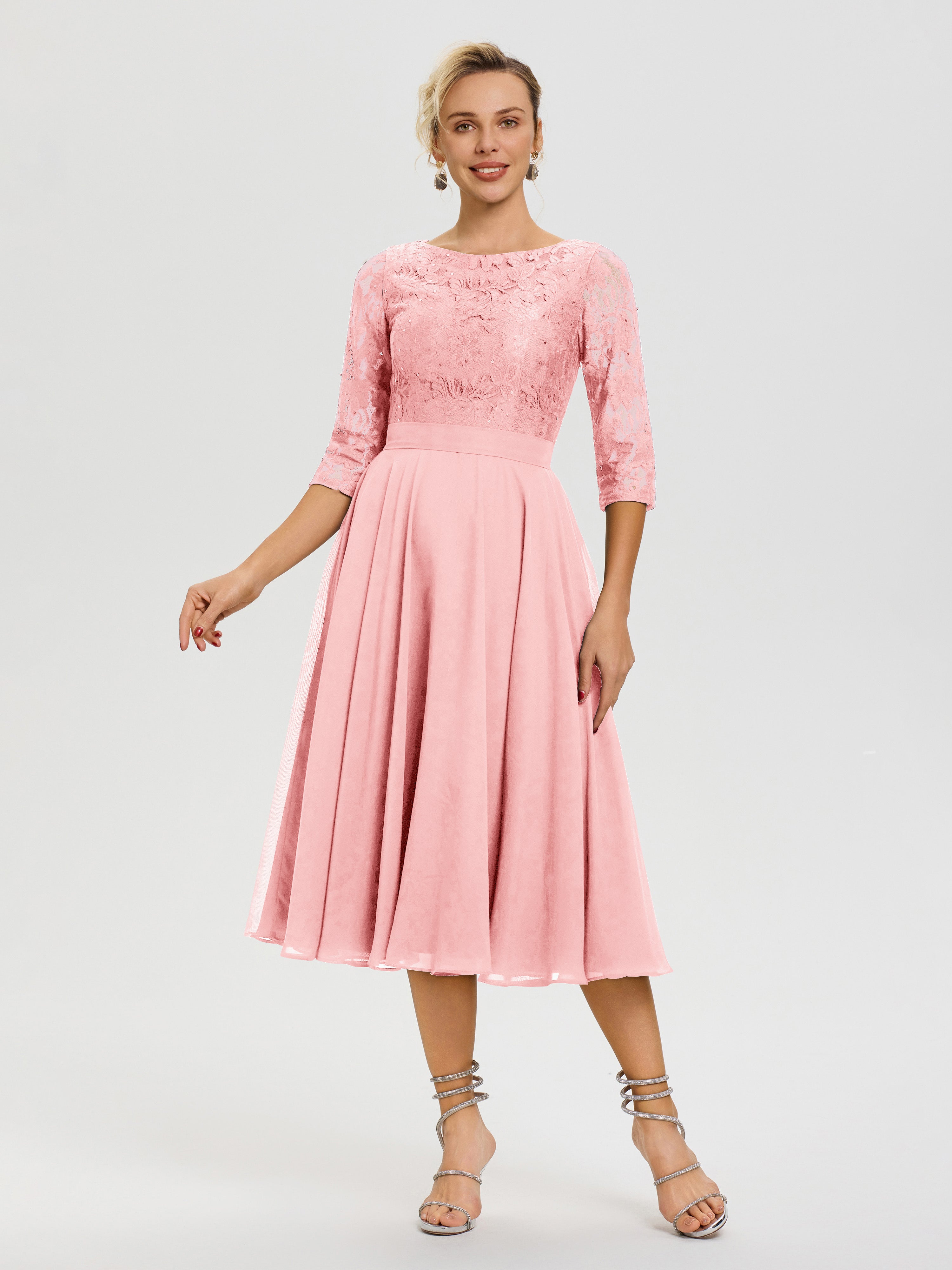 Robe Mere De La Mariee Rose Col Rond Mousseline & Dentelle Robe Mère De La Mariée