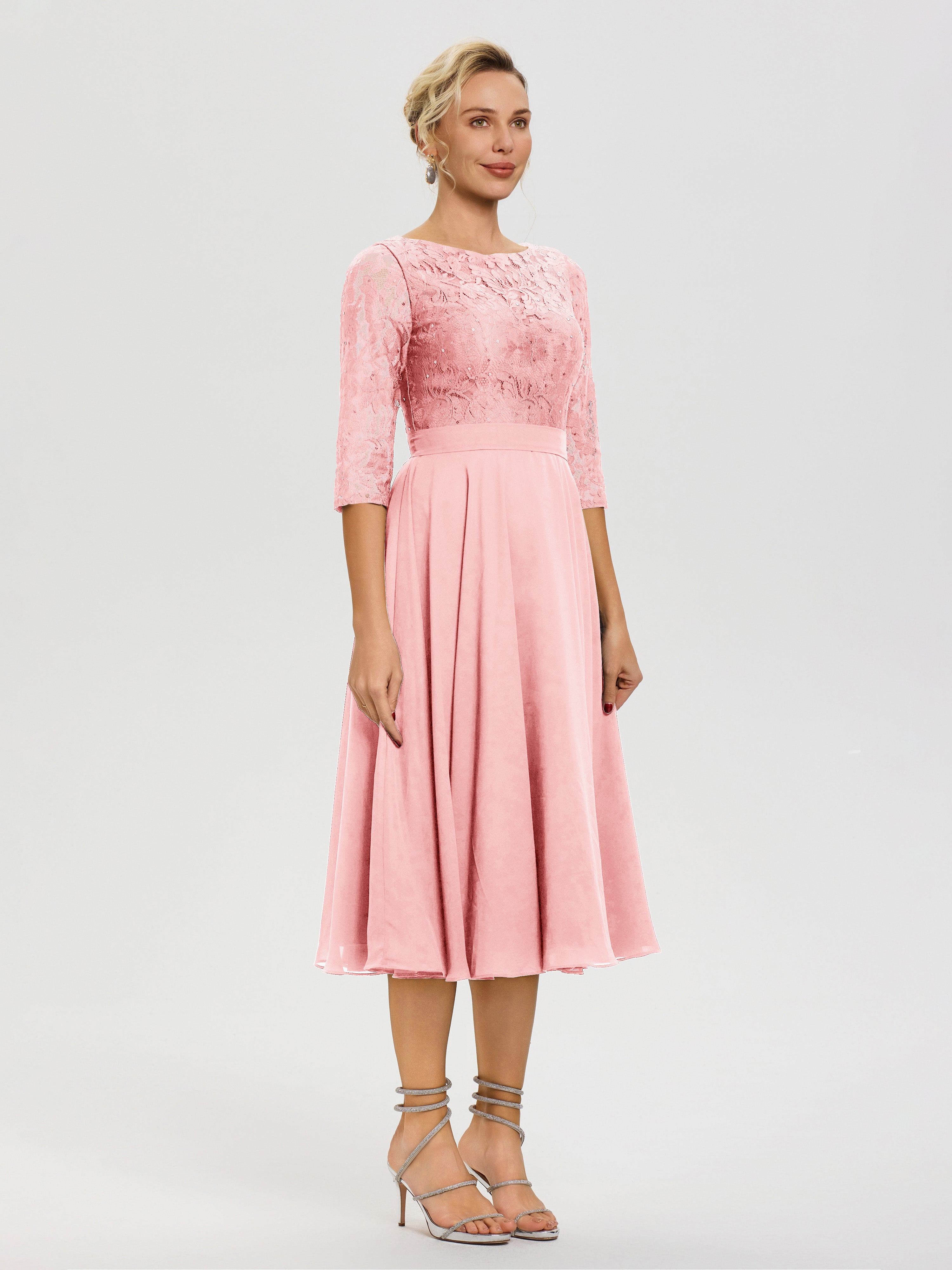 Robe Mere De La Mariee Rose Col Rond Mousseline & Dentelle Robe Mère De La Mariée