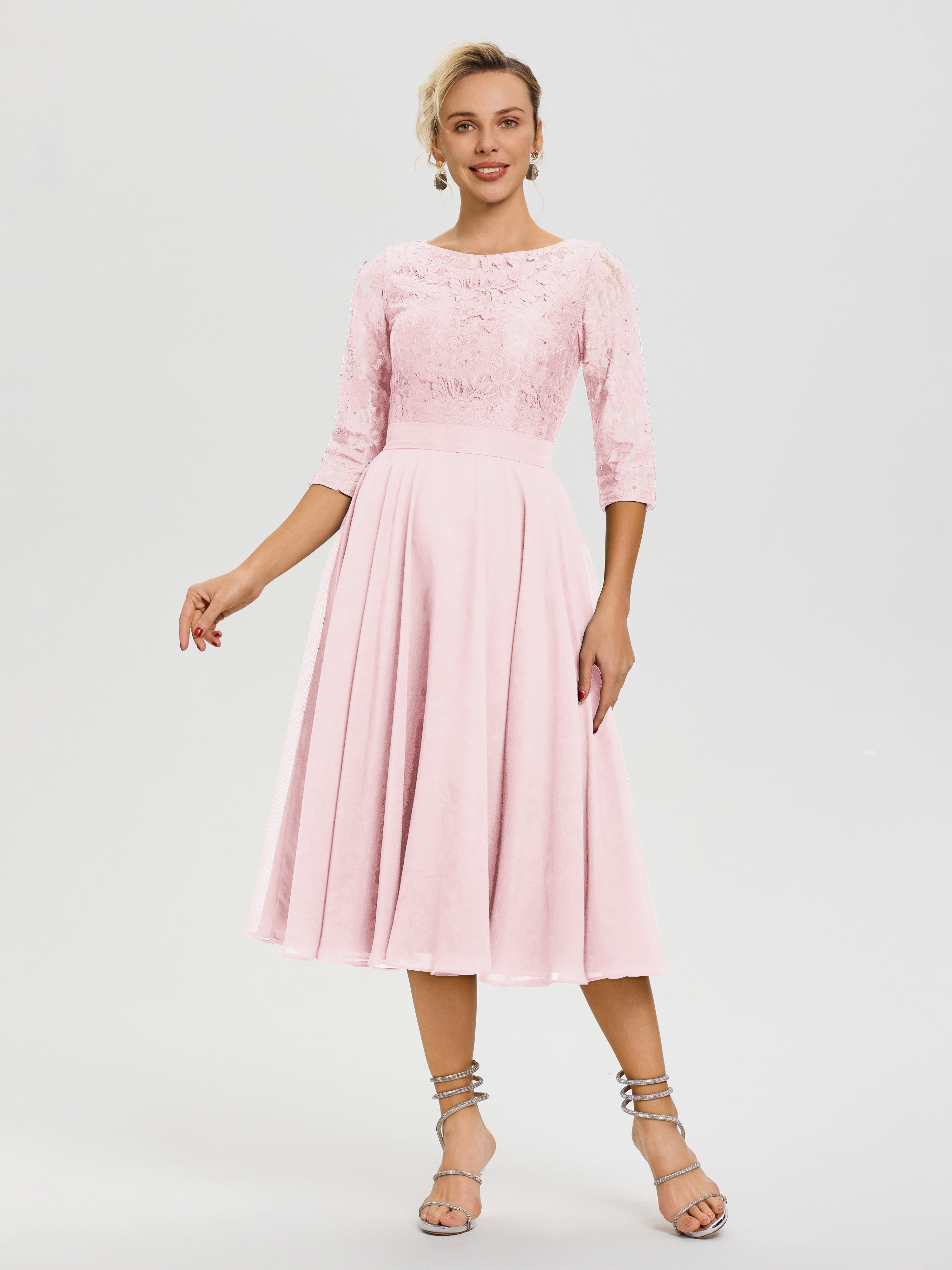 Robe Mariage Mère De La Mariée Rose Pâle Col Rond Mousseline & Dentelle Robe Mère De La Mariée