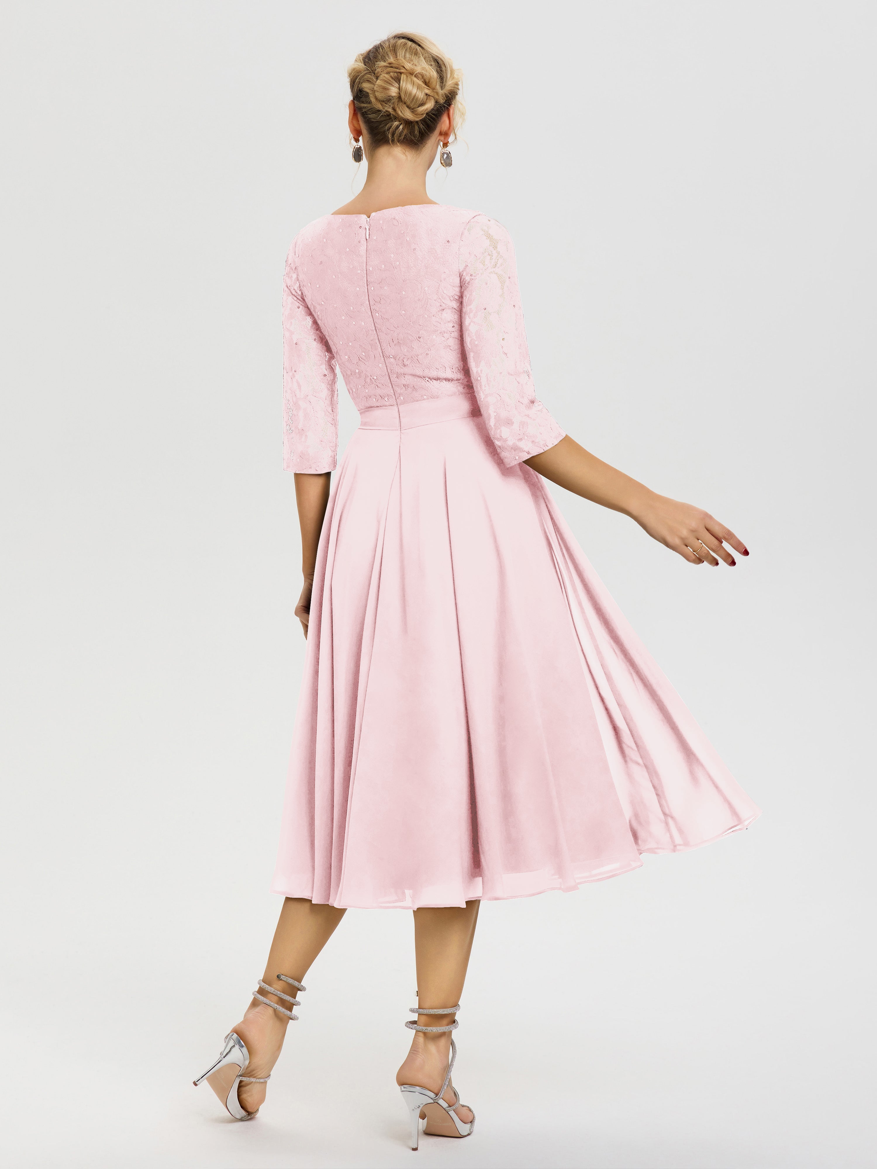 Robe Mariage Mère De La Mariée Rose Pâle Col Rond Mousseline & Dentelle Robe Mère De La Mariée