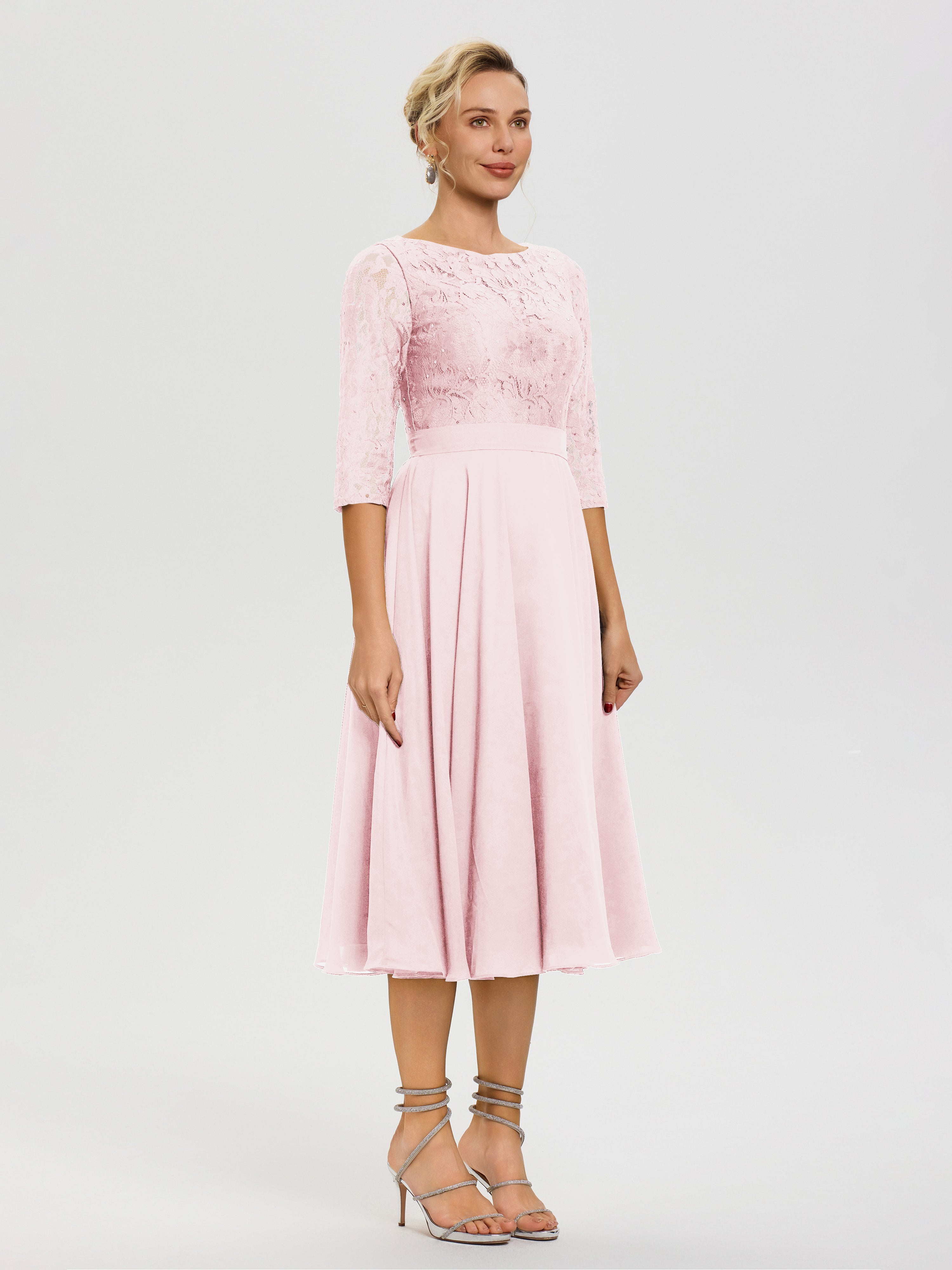 Robe Mariage Mère De La Mariée Rose Pâle Col Rond Mousseline & Dentelle Robe Mère De La Mariée