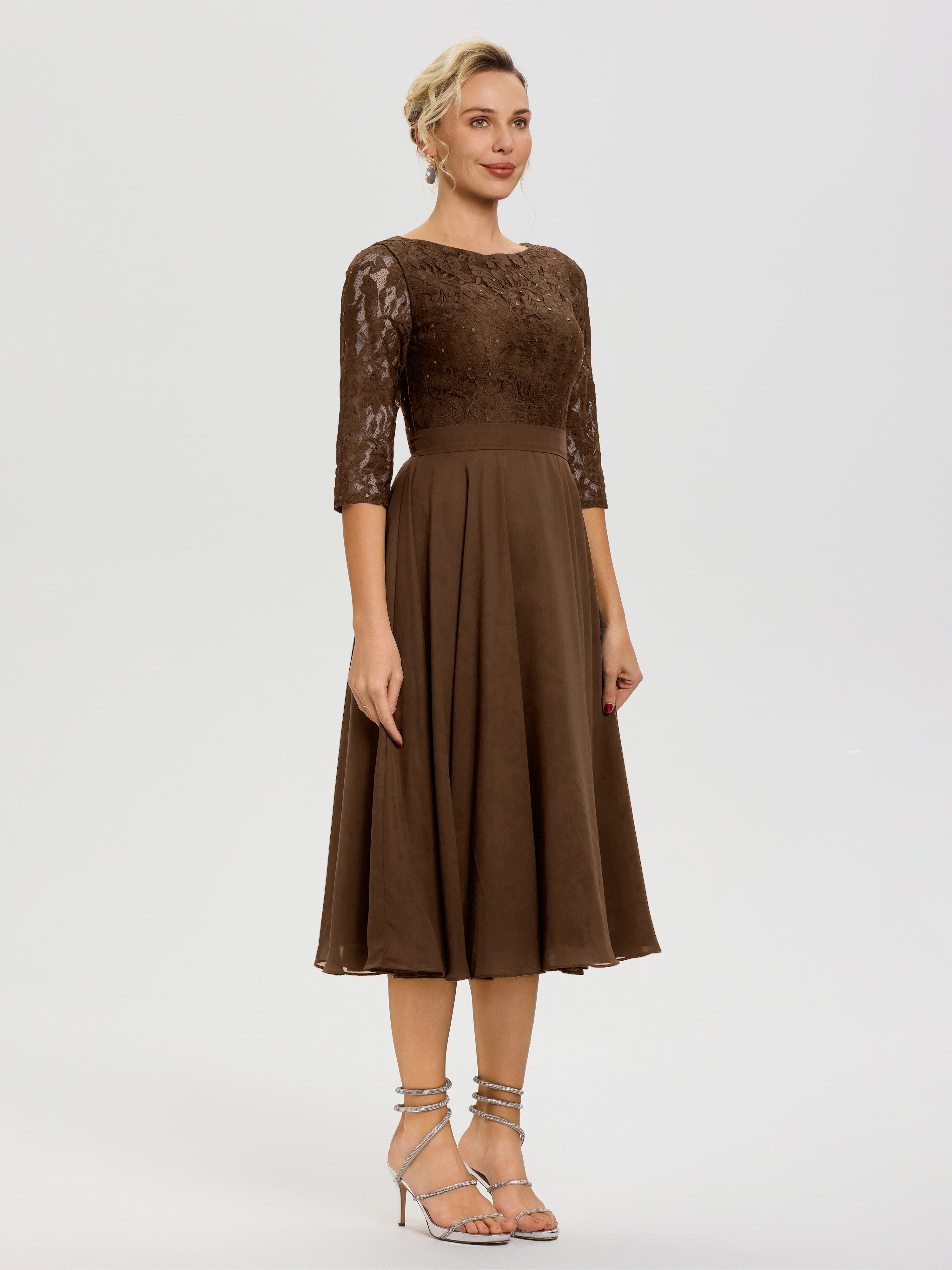 Robe Mere Dela Mariee Brun Col Rond Mousseline & Dentelle Robe Mère De La Mariée