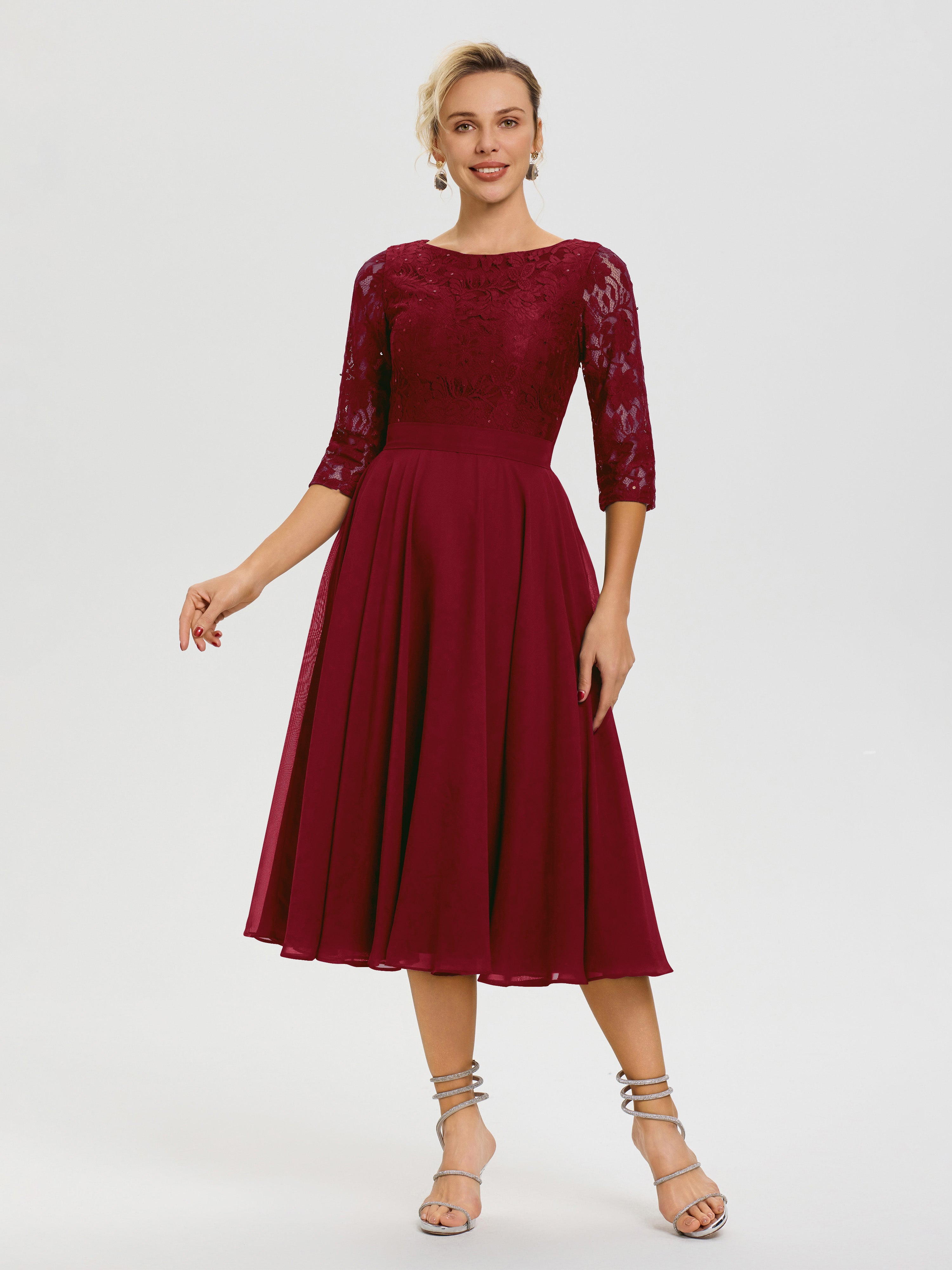 Robe Mere Mariee Bordeaux Col Rond Mousseline & Dentelle Robe Mère De La Mariée