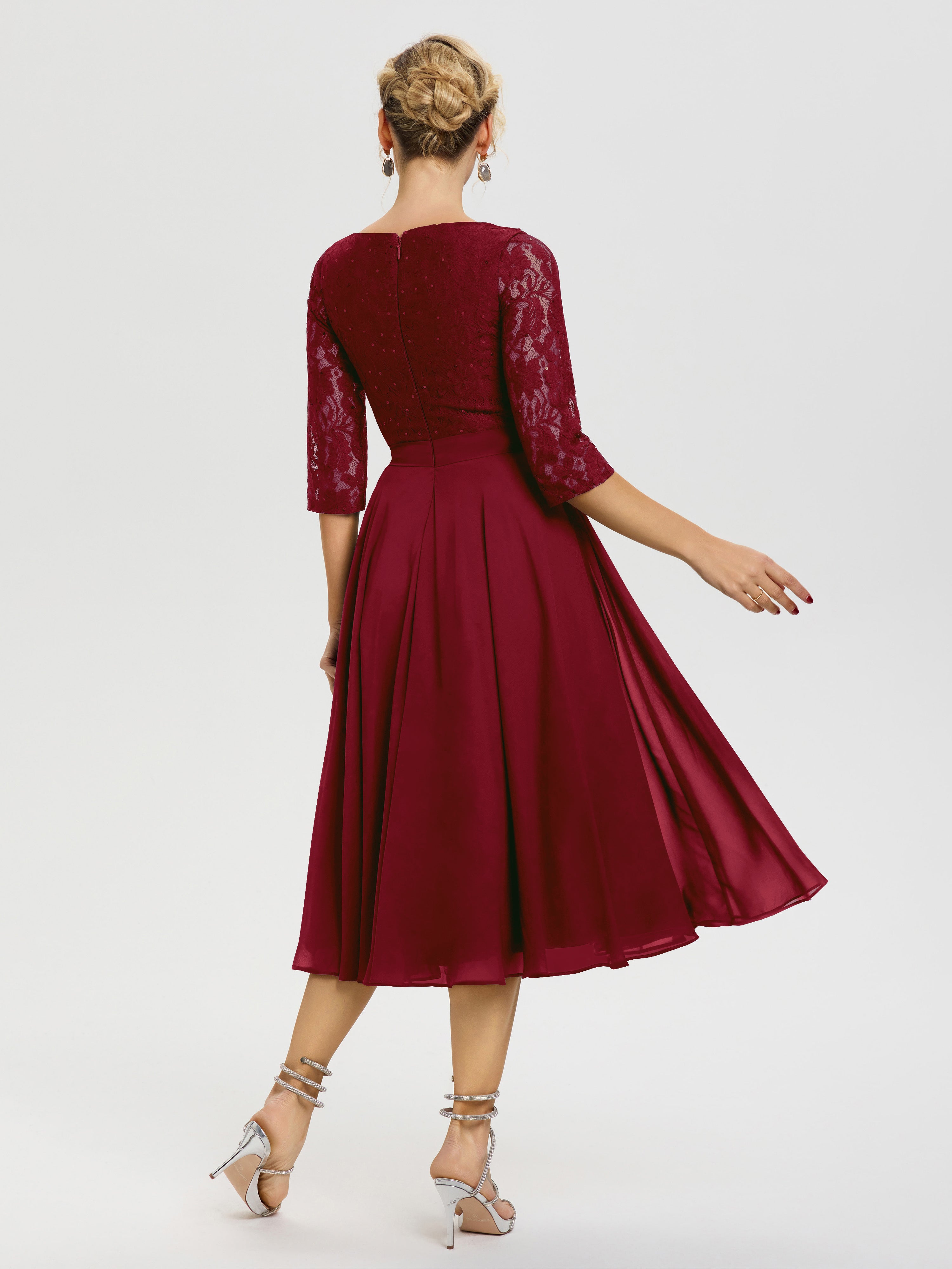 Robe Mere Mariee Bordeaux Col Rond Mousseline & Dentelle Robe Mère De La Mariée