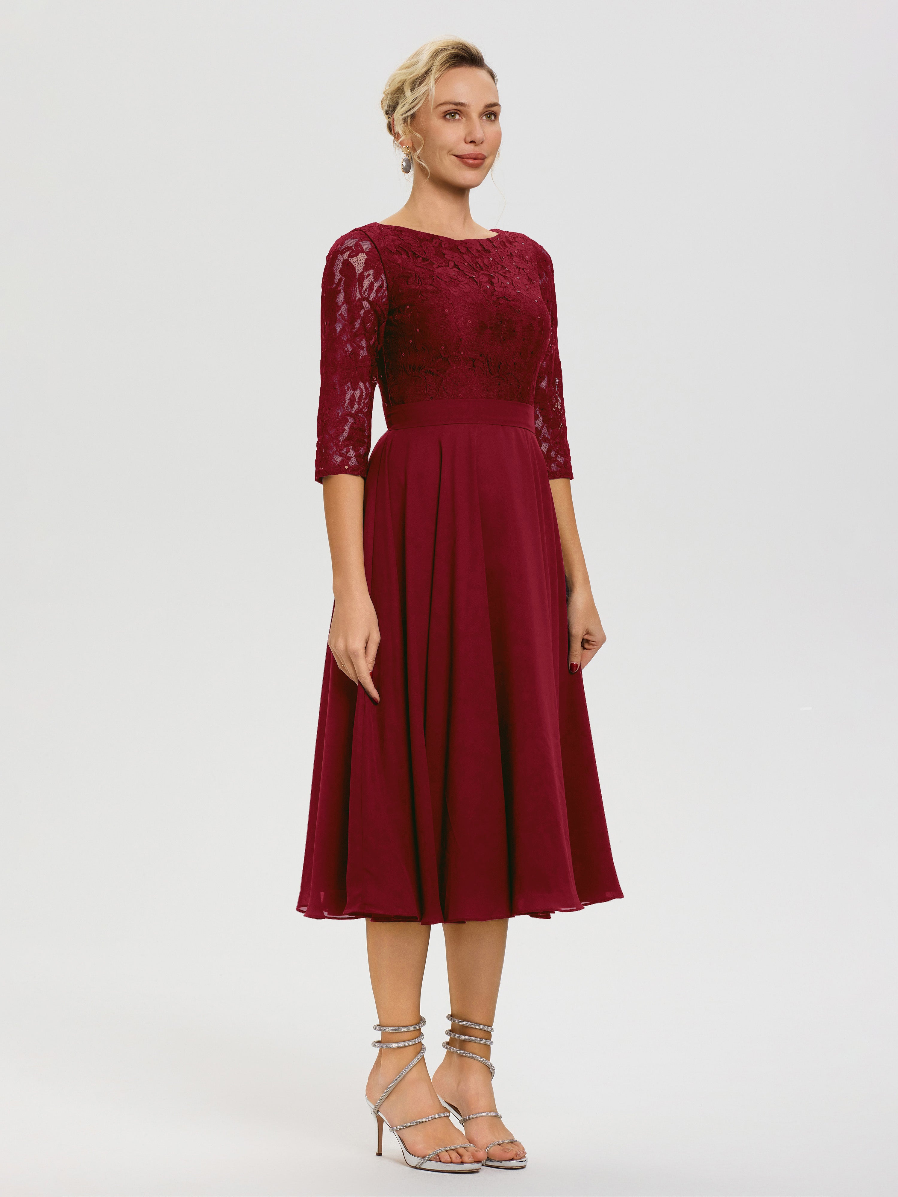 Robe Mere Mariee Bordeaux Col Rond Mousseline & Dentelle Robe Mère De La Mariée