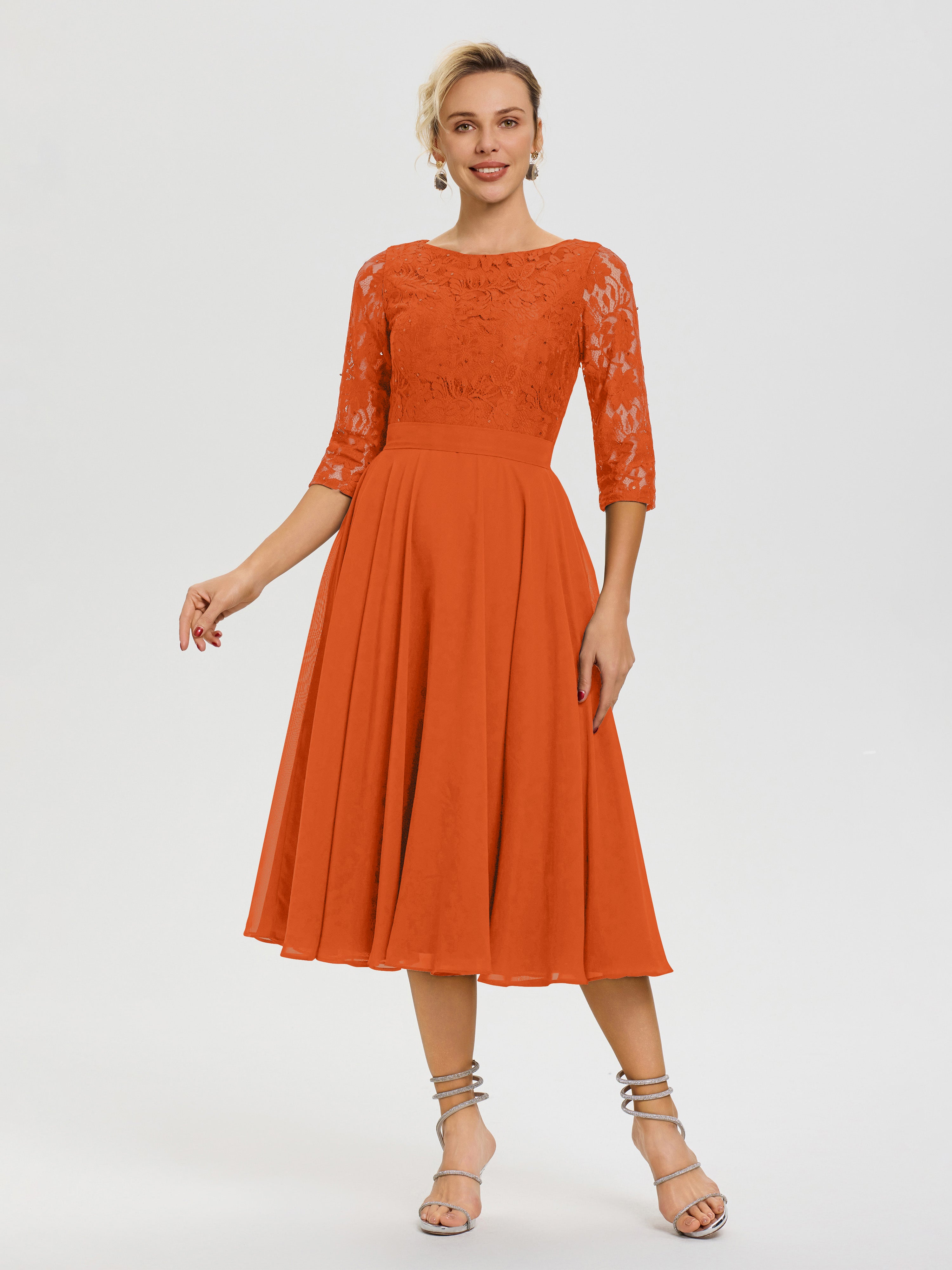 Robe De La Mère Du Marié Orange Brûlé Col Rond Mousseline & Dentelle Robe Mère De La Mariée