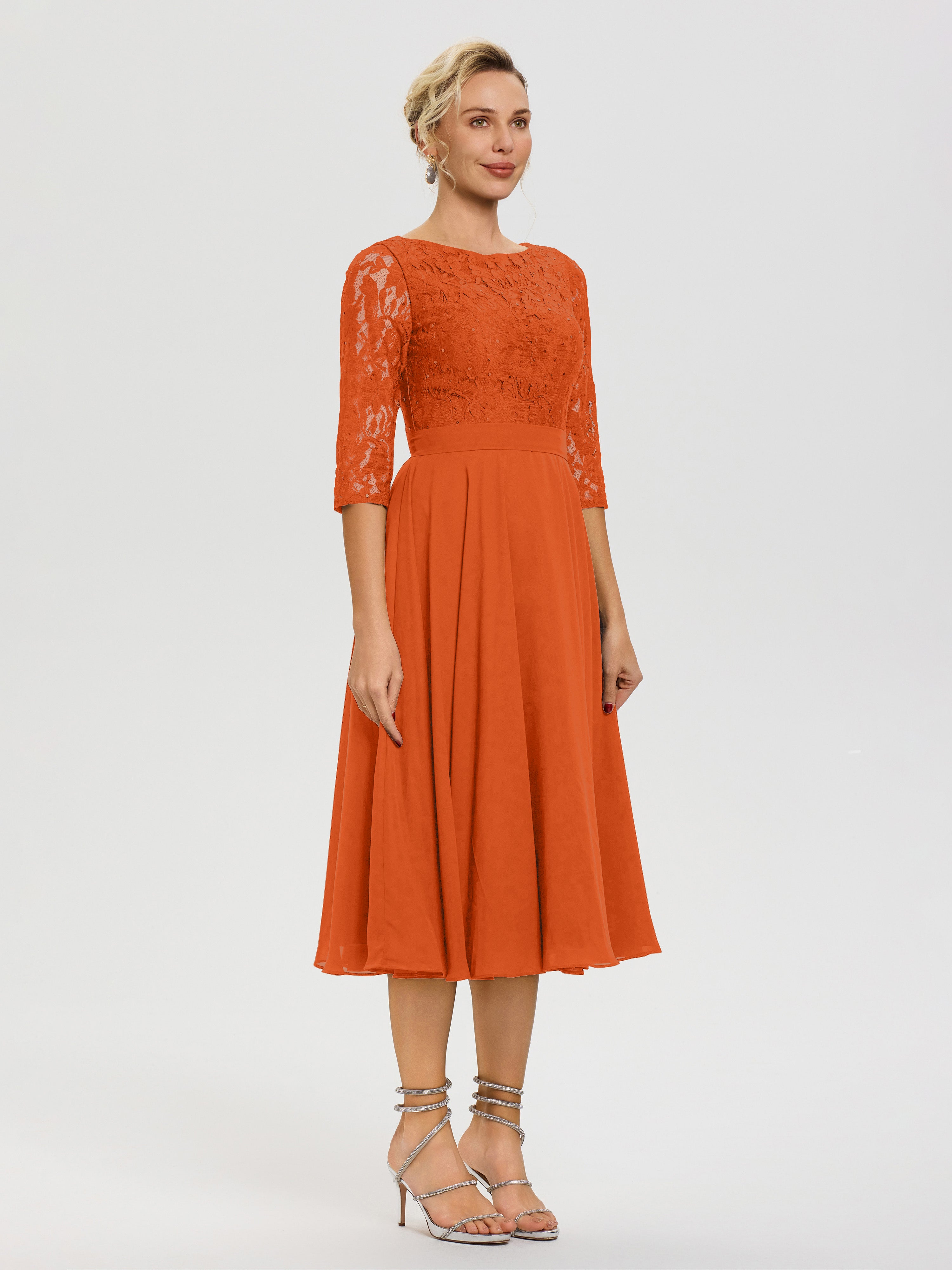 Robe De La Mère Du Marié Orange Brûlé Col Rond Mousseline & Dentelle Robe Mère De La Mariée