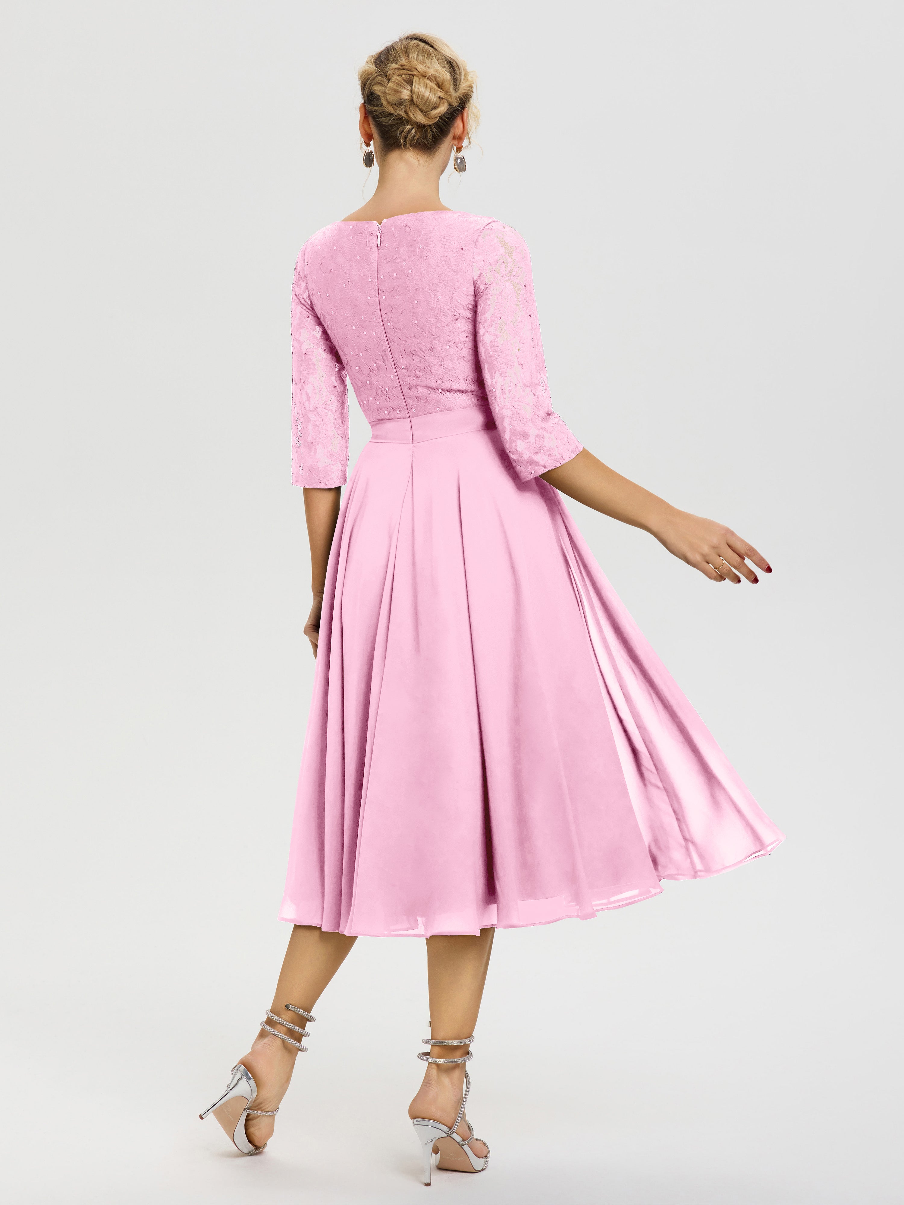 Robe Mariage Mère De La Mariée Rose Bonbon Col Rond Mousseline & Dentelle Robe Mère De La Mariée