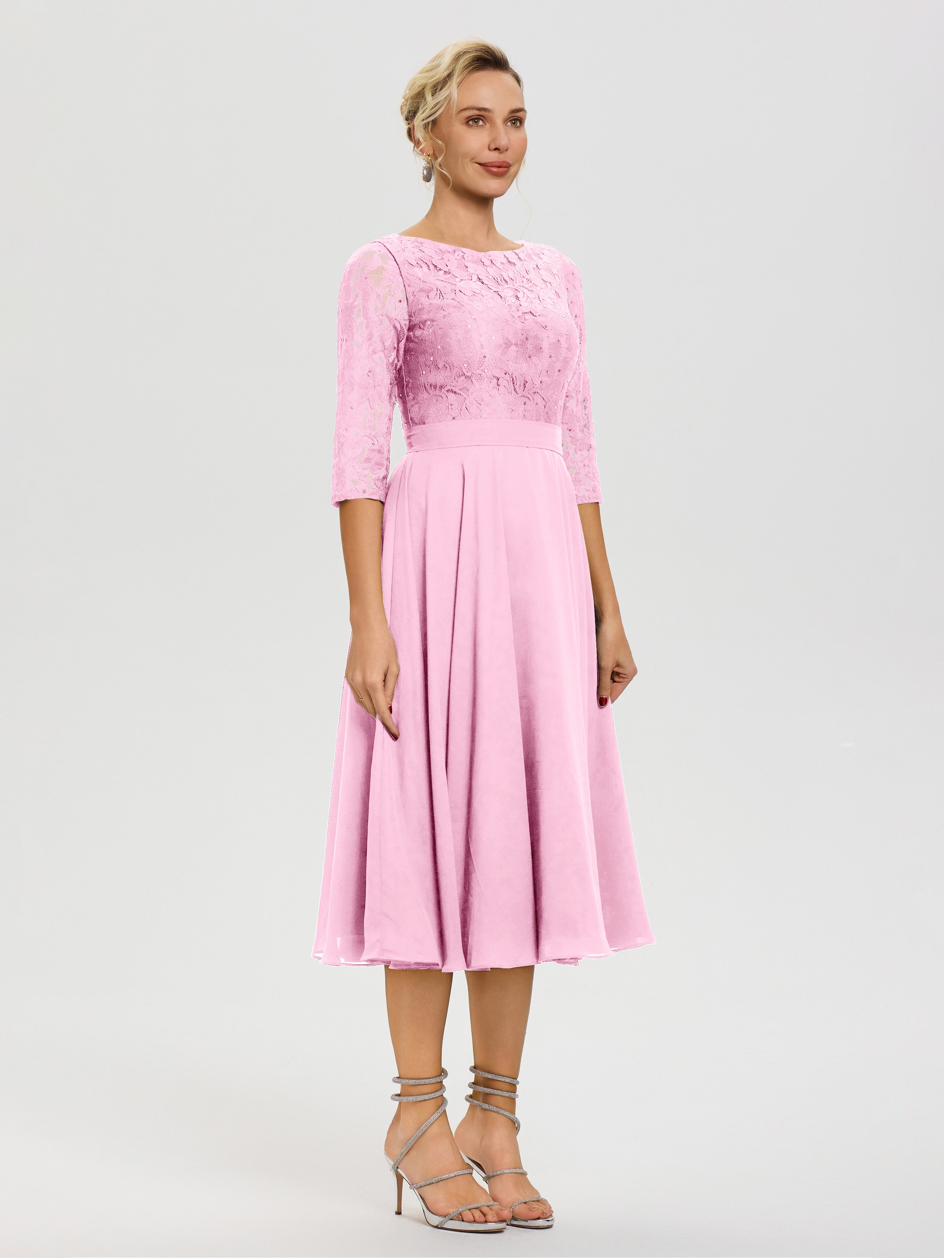 Robe Mariage Mère De La Mariée Rose Bonbon Col Rond Mousseline & Dentelle Robe Mère De La Mariée