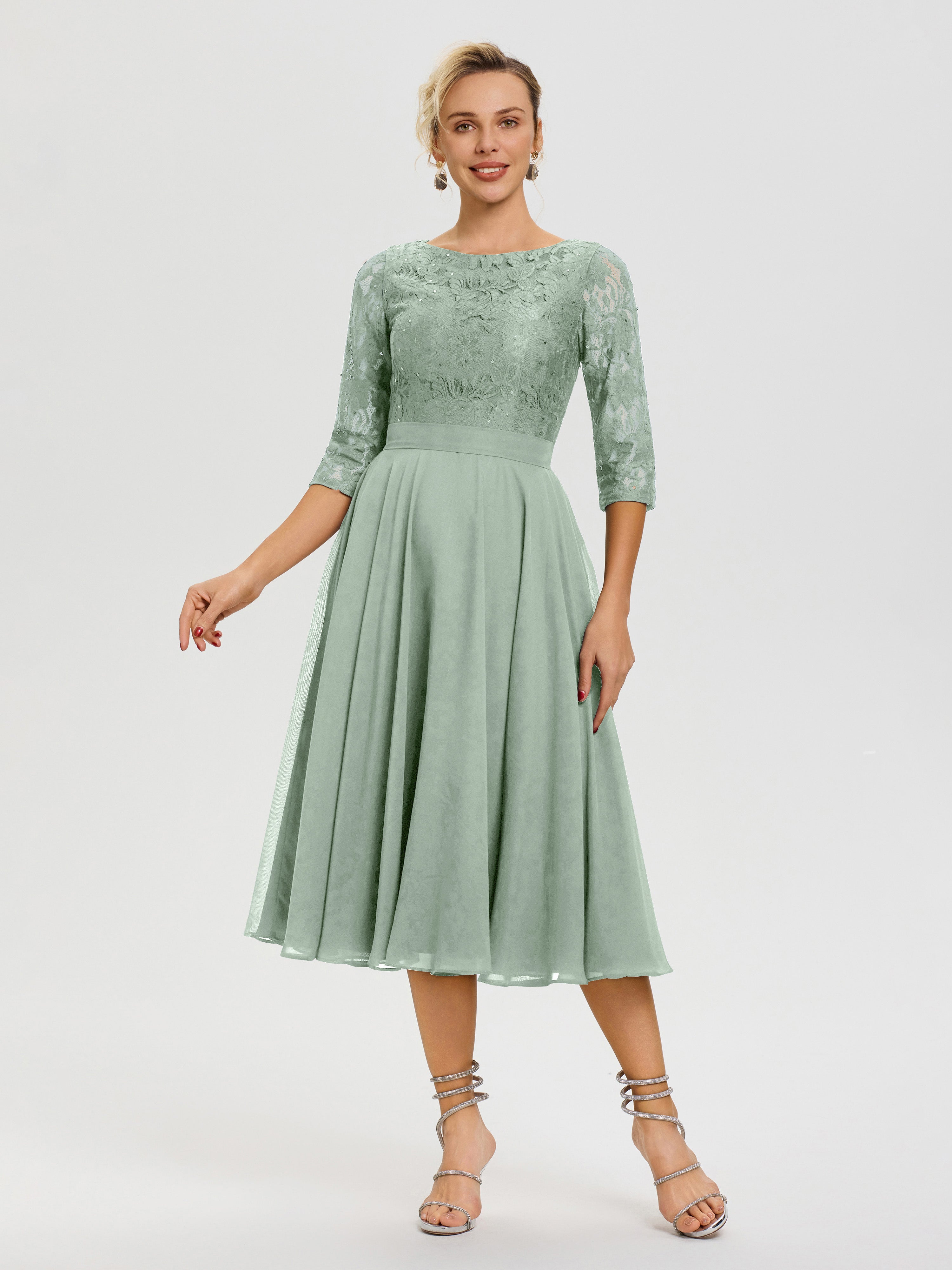 Robe Mere Dela Mariee Celadon Col Rond Mousseline & Dentelle Robe Mère De La Mariée