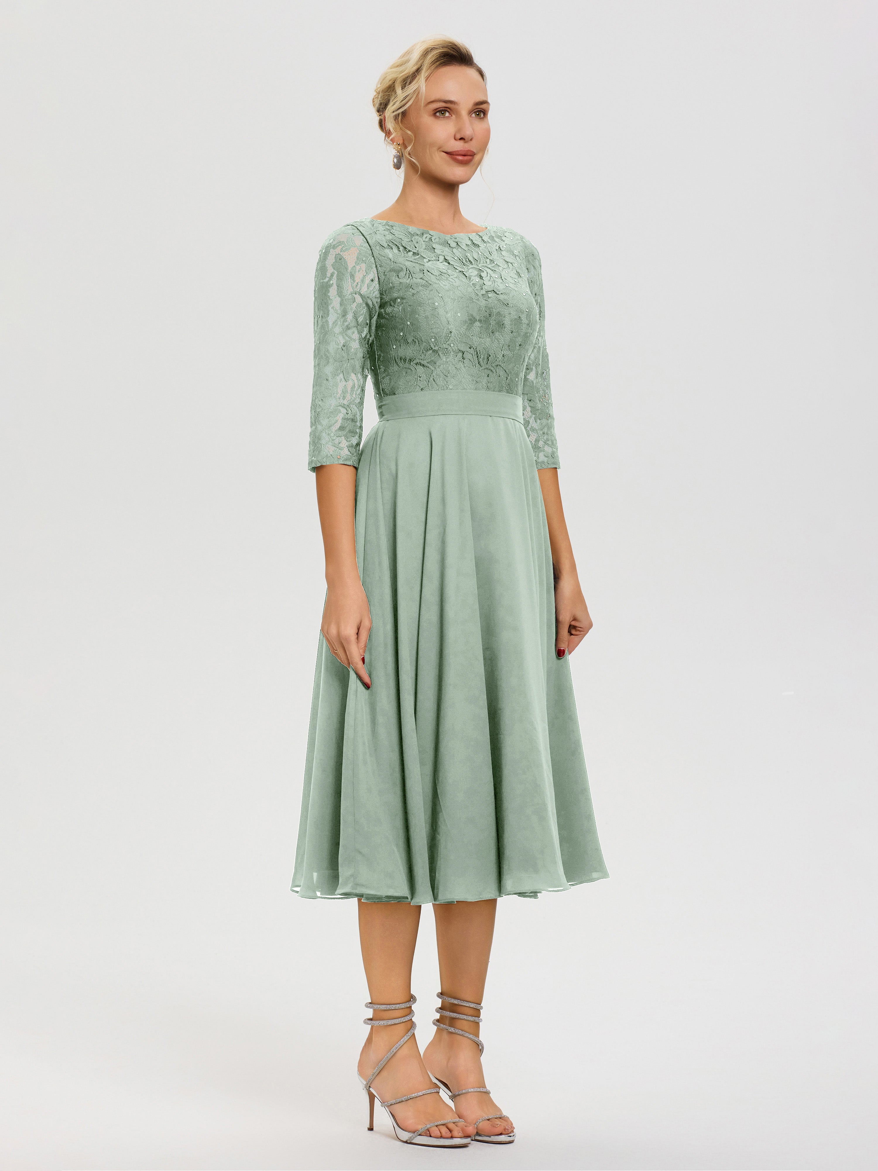 Robe Mere Dela Mariee Celadon Col Rond Mousseline & Dentelle Robe Mère De La Mariée
