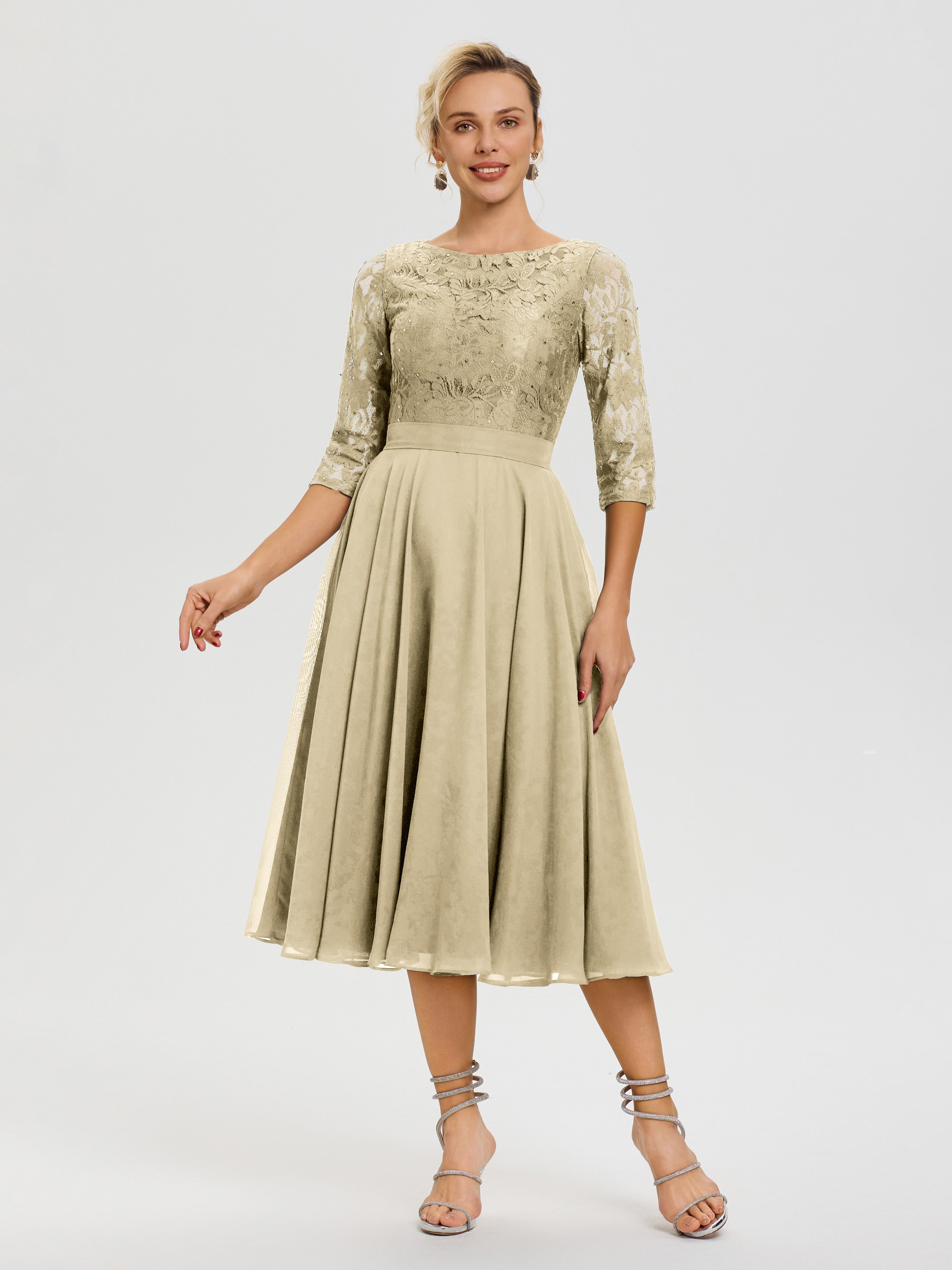 Robe Mere De La Mariee Champagne Col Rond Mousseline & Dentelle Robe Mère De La Mariée