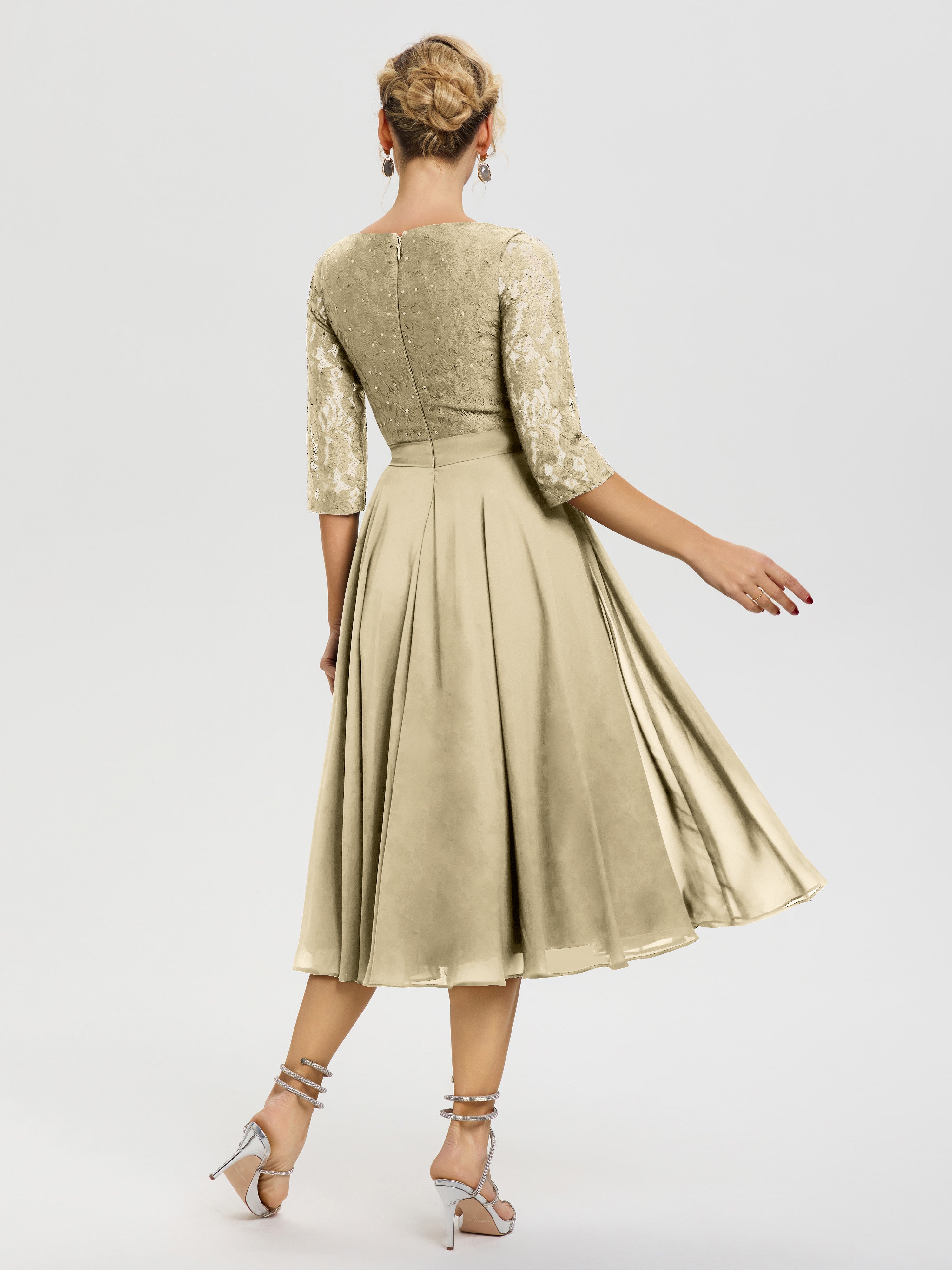 Robe Mere De La Mariee Champagne Col Rond Mousseline & Dentelle Robe Mère De La Mariée