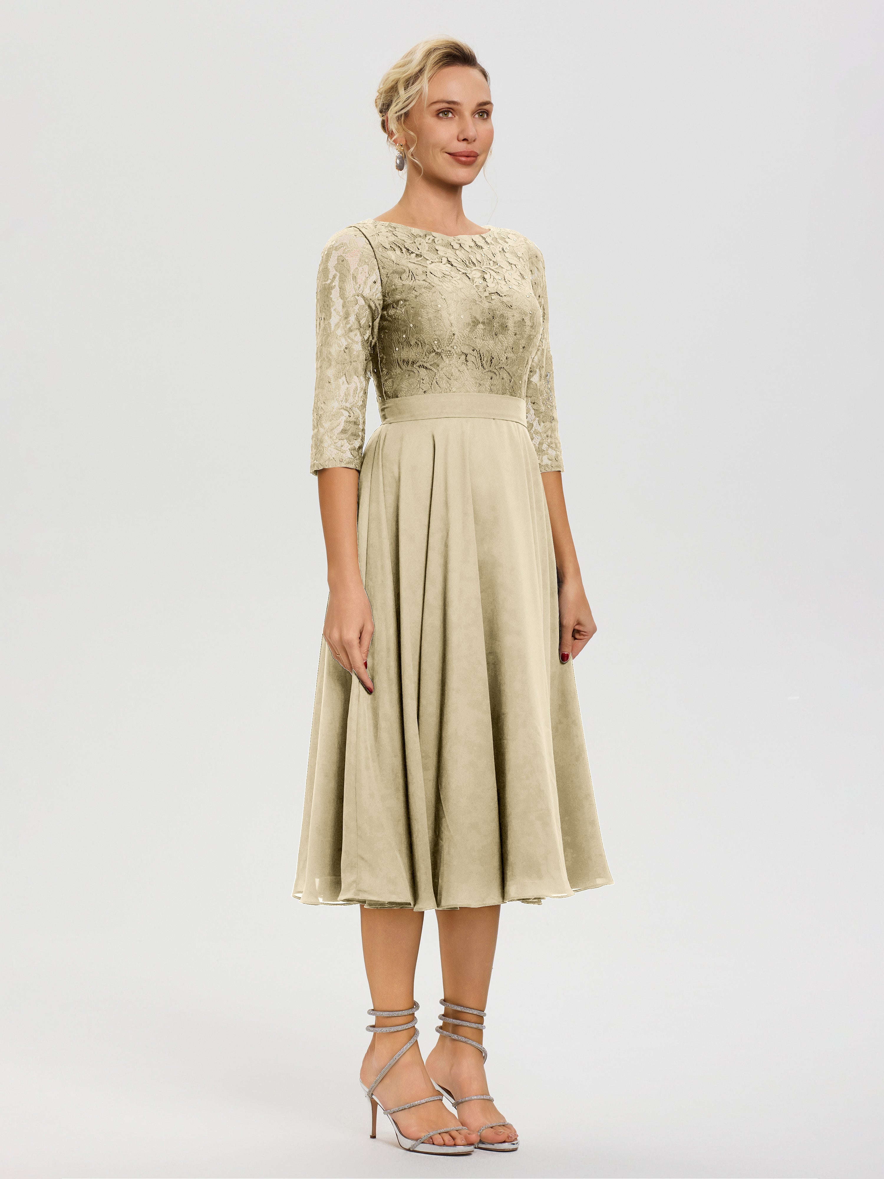 Robe Mere De La Mariee Champagne Col Rond Mousseline & Dentelle Robe Mère De La Mariée