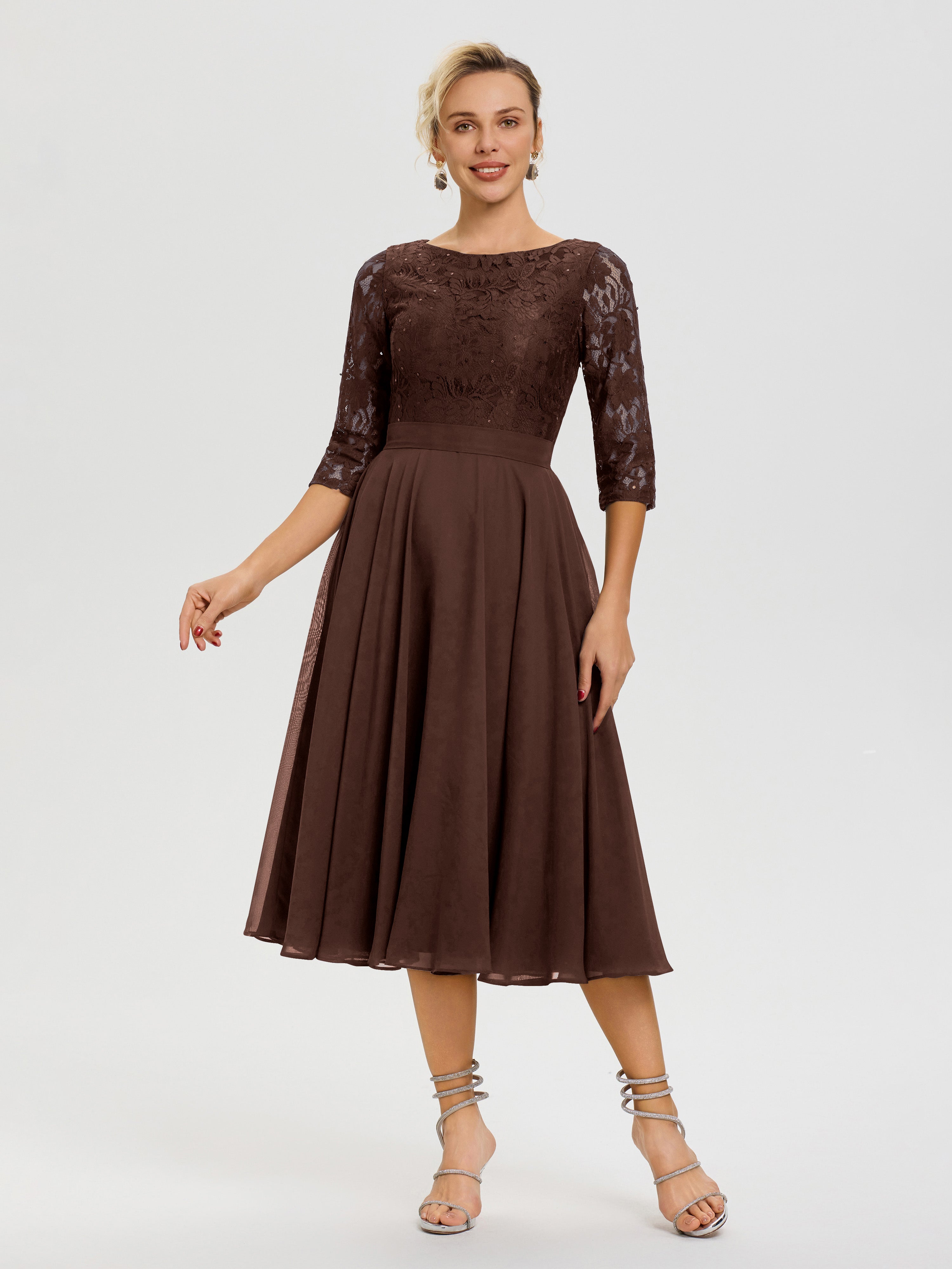 Tenue Mere Dela Mariee Chocolat Col Rond Mousseline & Dentelle Robe Mère De La Mariée