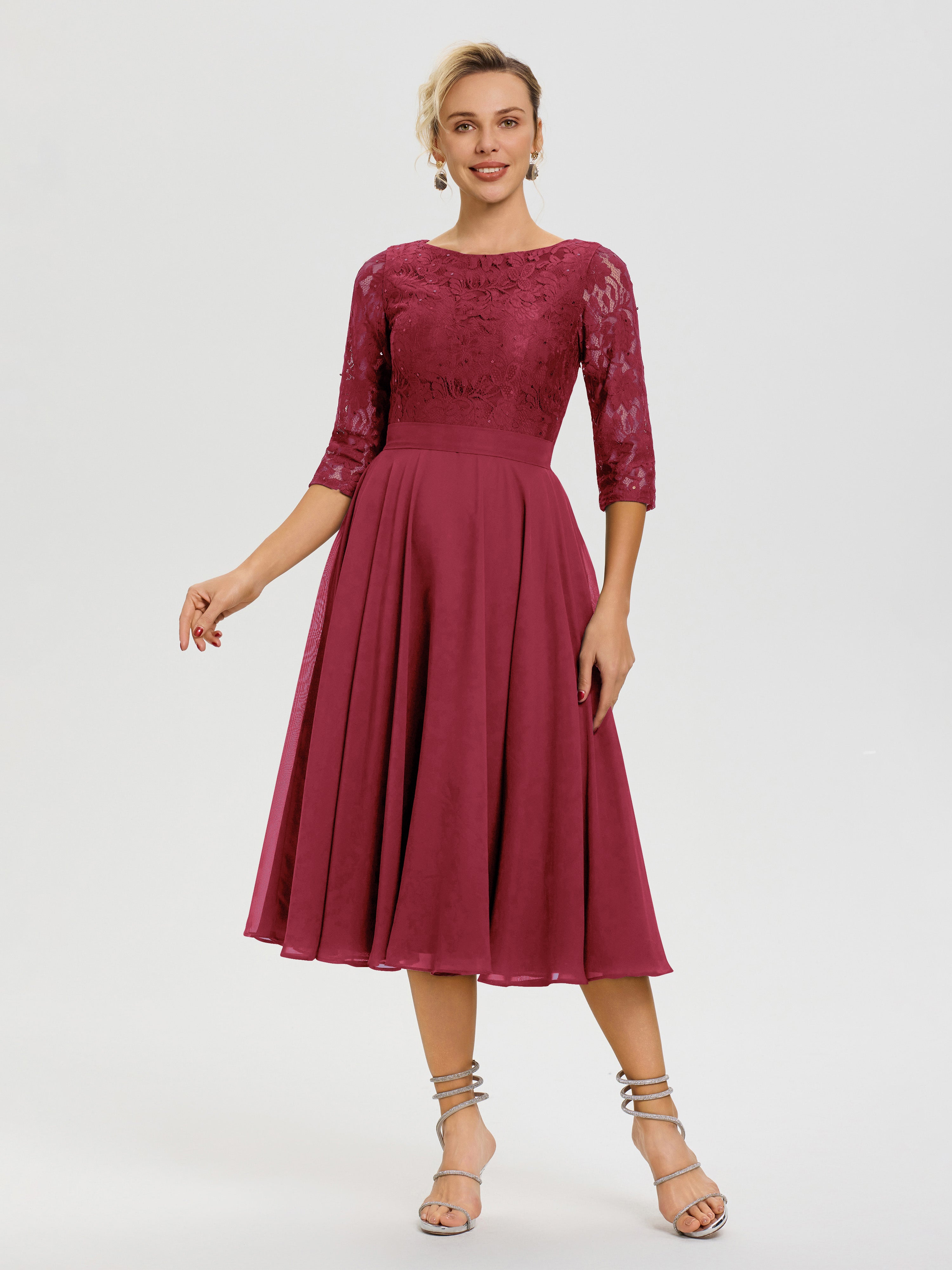 Robe Mariage Mère De La Mariée Rose Cannelle Col Rond Mousseline & Dentelle Robe Mère De La Mariée