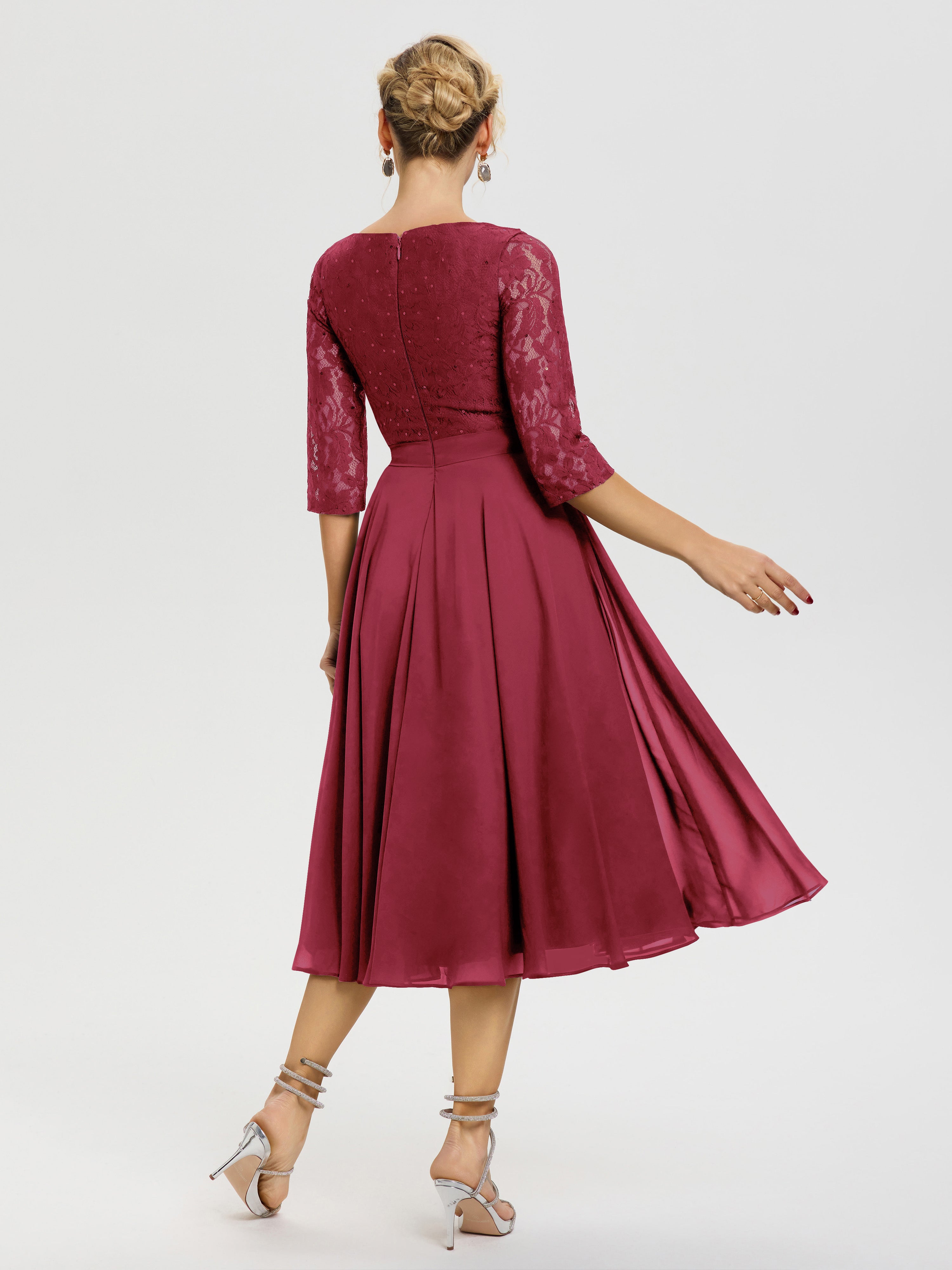 Robe Mariage Mère De La Mariée Rose Cannelle Col Rond Mousseline & Dentelle Robe Mère De La Mariée