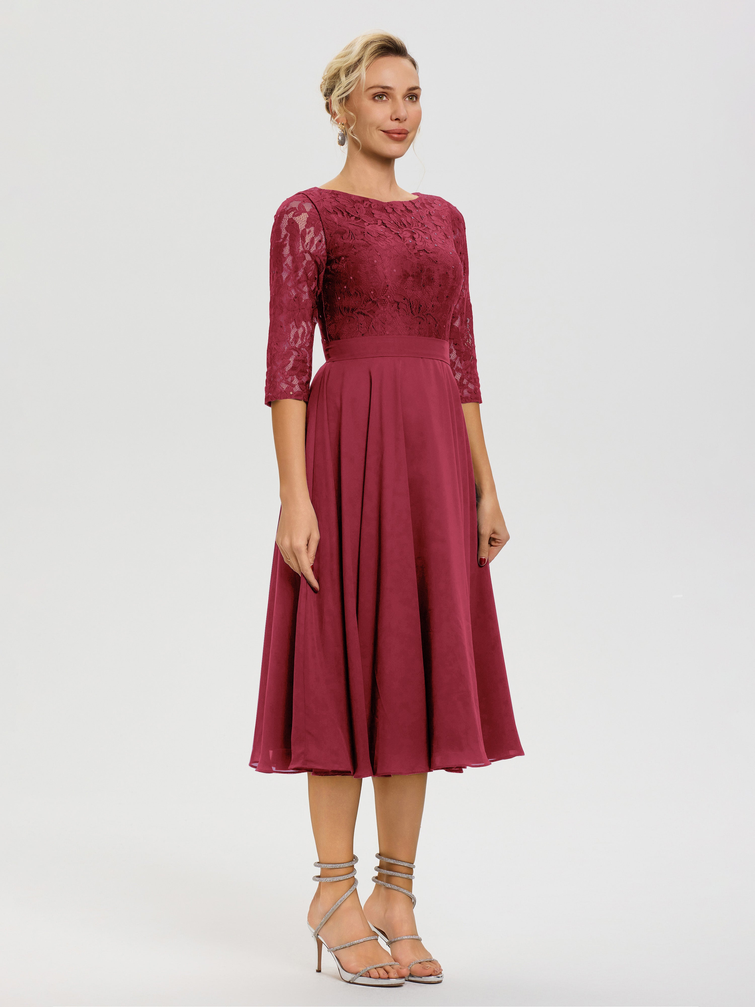 Robe Mariage Mère De La Mariée Rose Cannelle Col Rond Mousseline & Dentelle Robe Mère De La Mariée