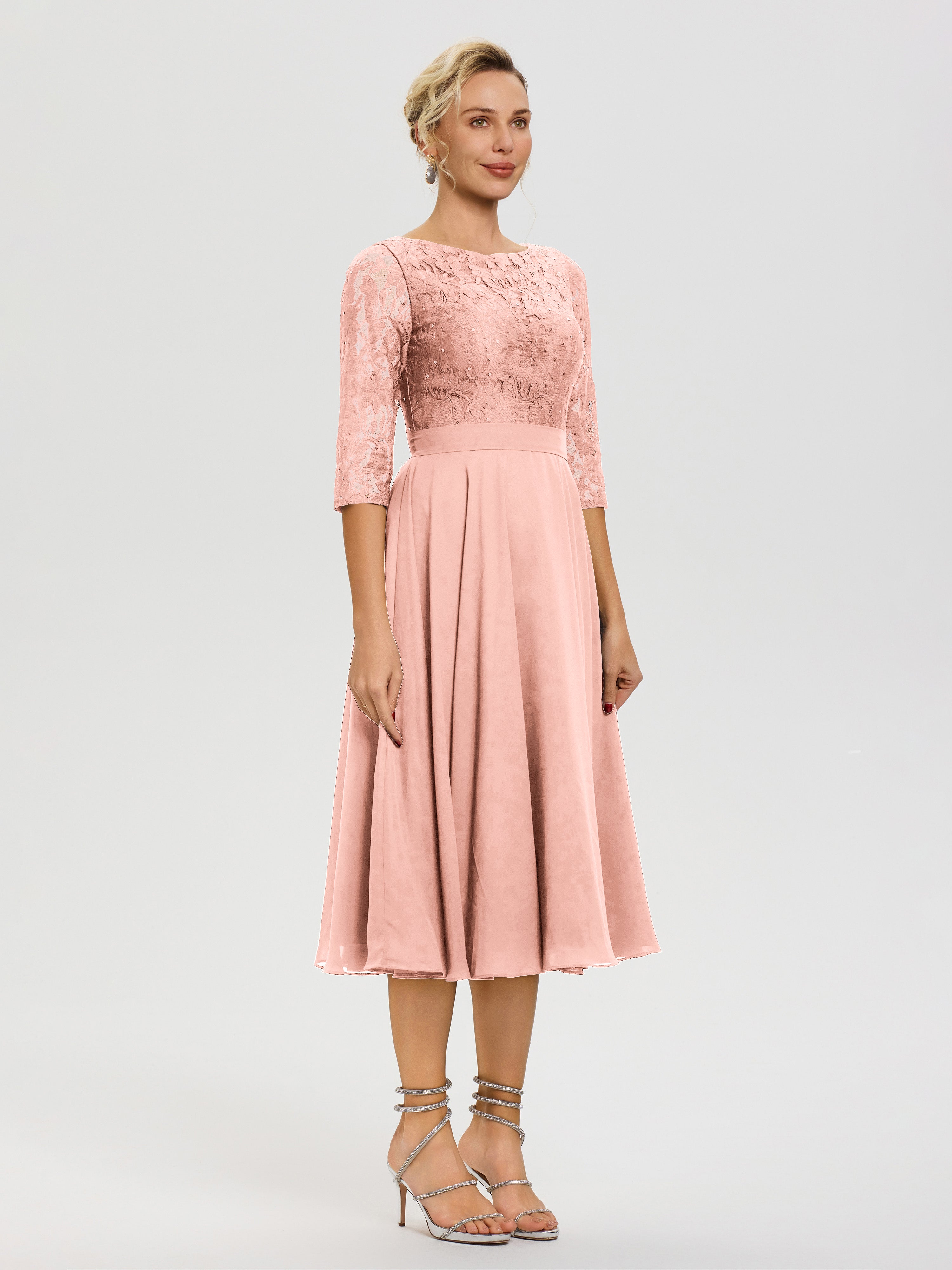 Tenue Mere Dela Mariee Corail Col Rond Mousseline & Dentelle Robe Mère De La Mariée