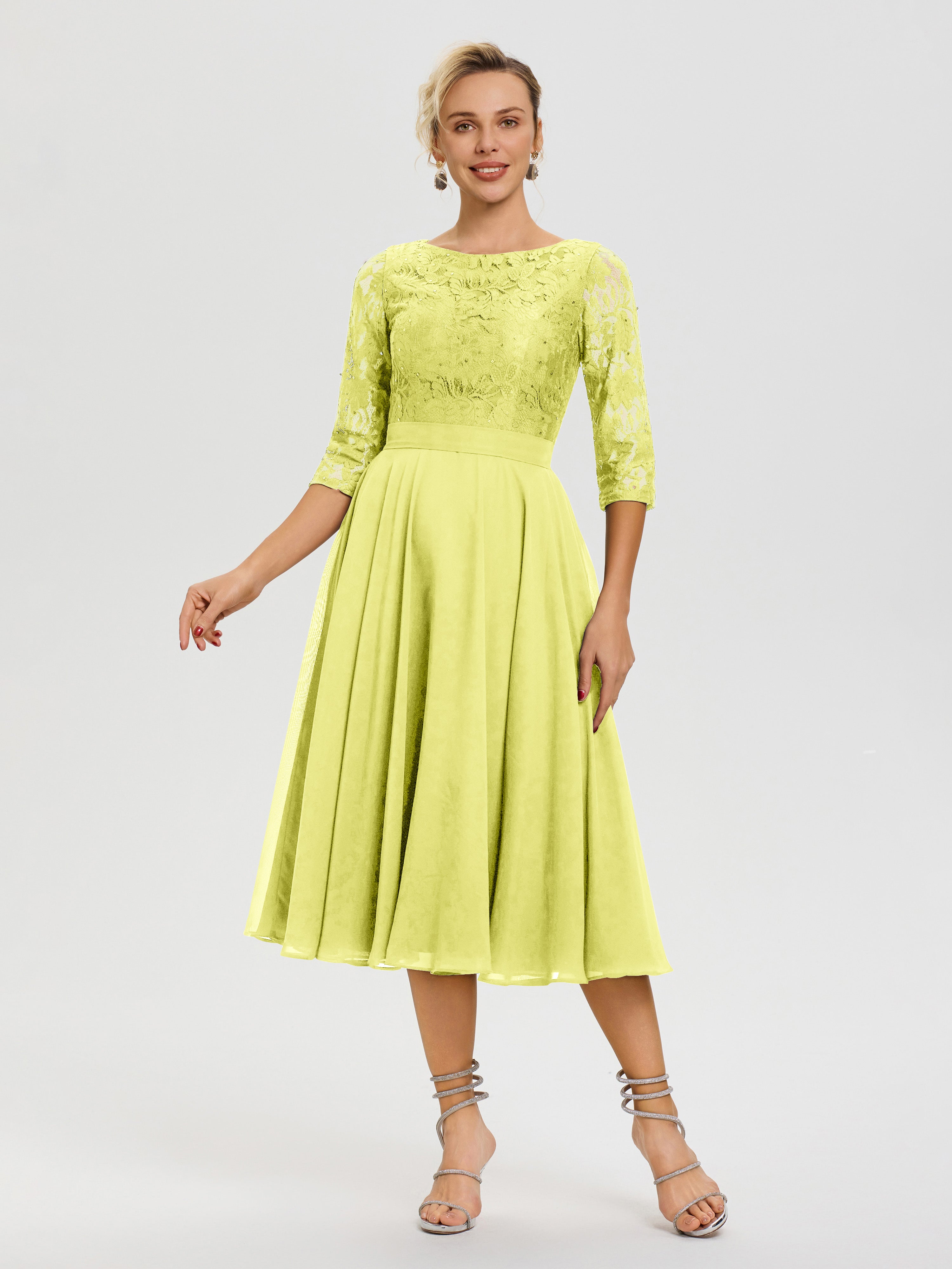 Robe De La Mère Du Marié Jonquille Col Rond Mousseline & Dentelle Robe Mère De La Mariée
