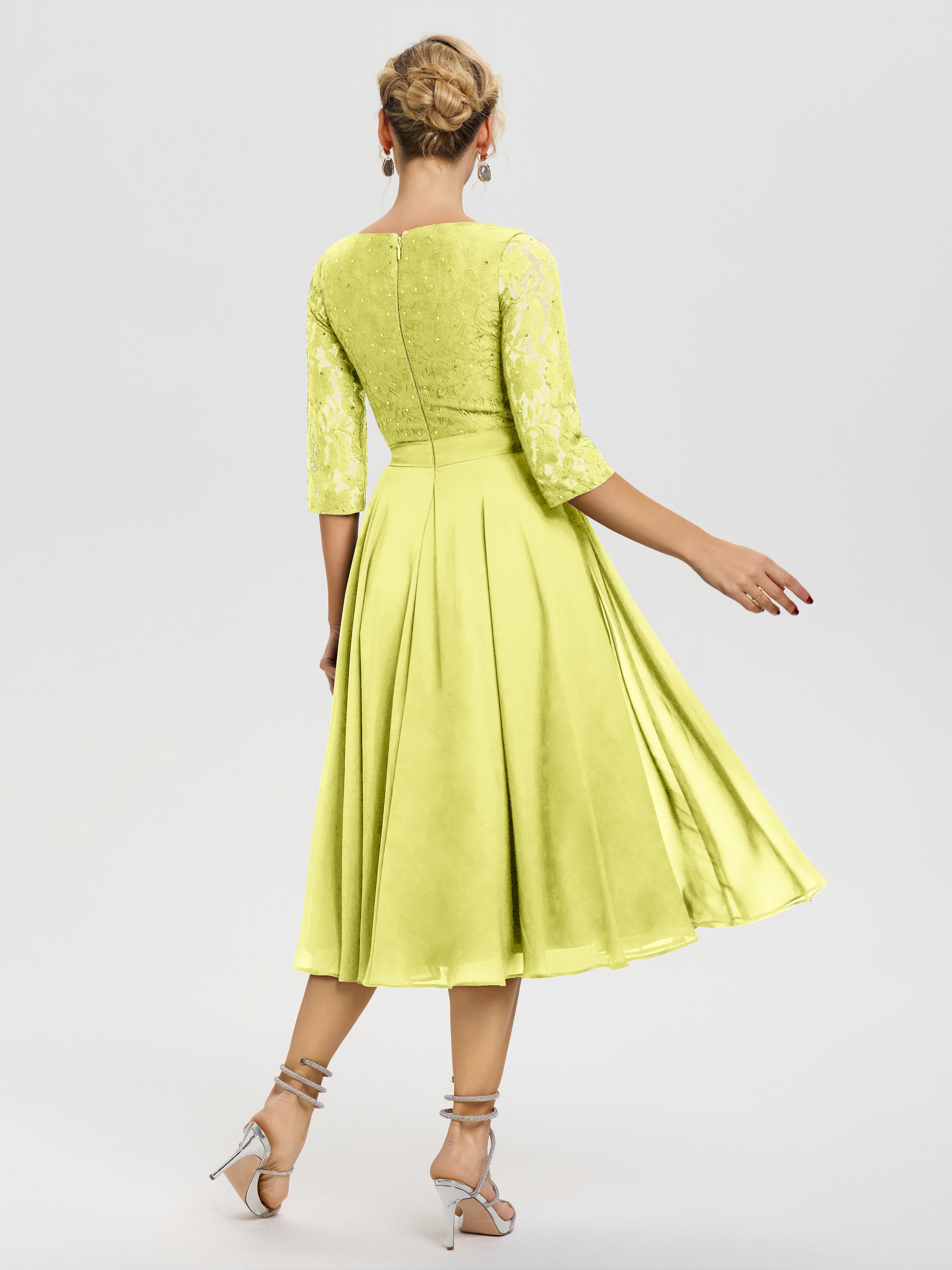 Robe De La Mère Du Marié Jonquille Col Rond Mousseline & Dentelle Robe Mère De La Mariée