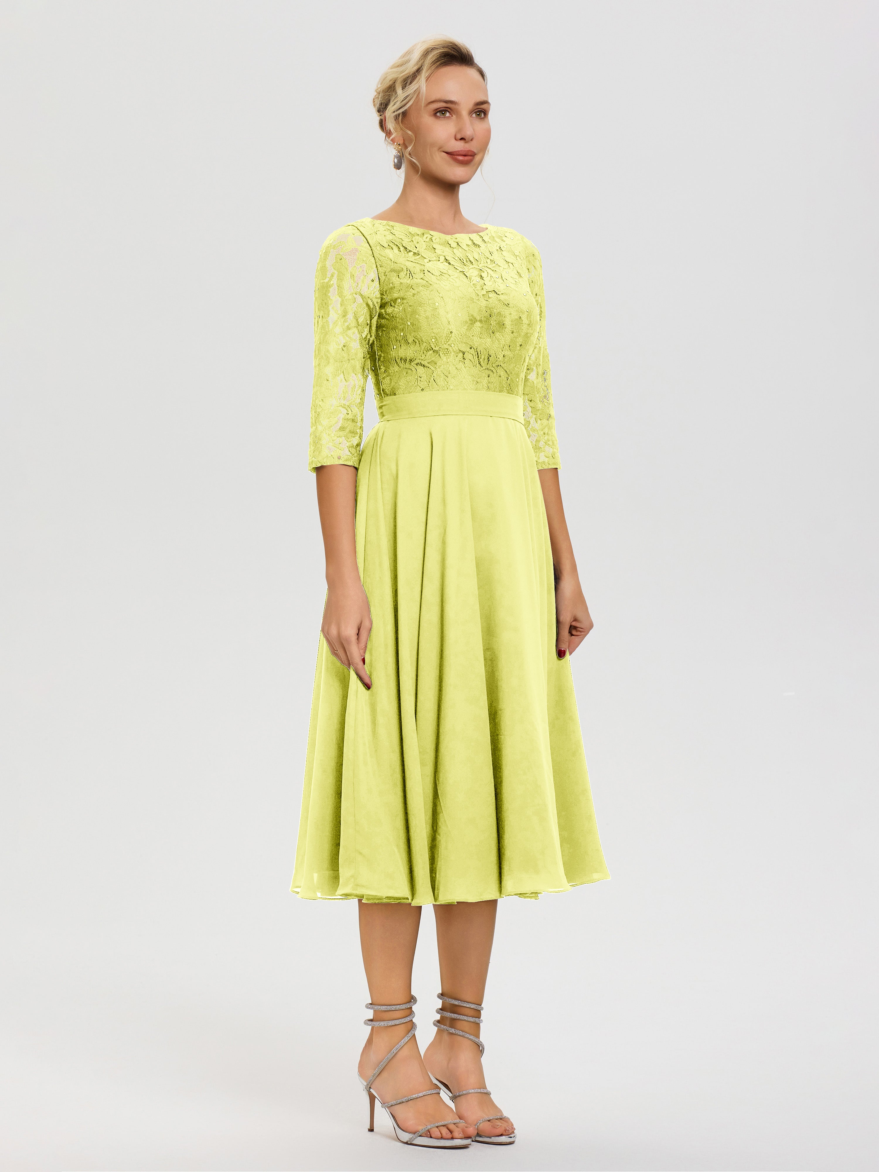 Robe De La Mère Du Marié Jonquille Col Rond Mousseline & Dentelle Robe Mère De La Mariée