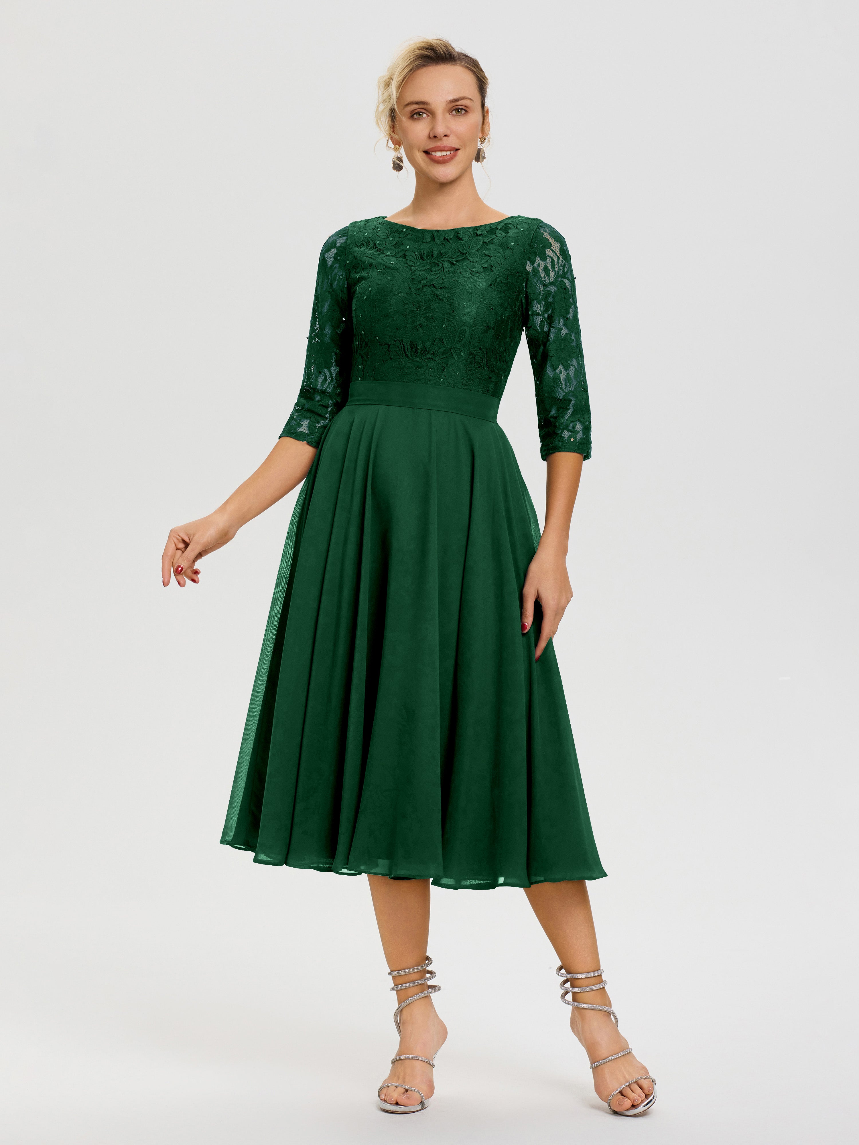 Robe Cérémonie Mariage Mère Du Marié Vert Foncé Col Rond Mousseline & Dentelle Robe Mère De La Mariée
