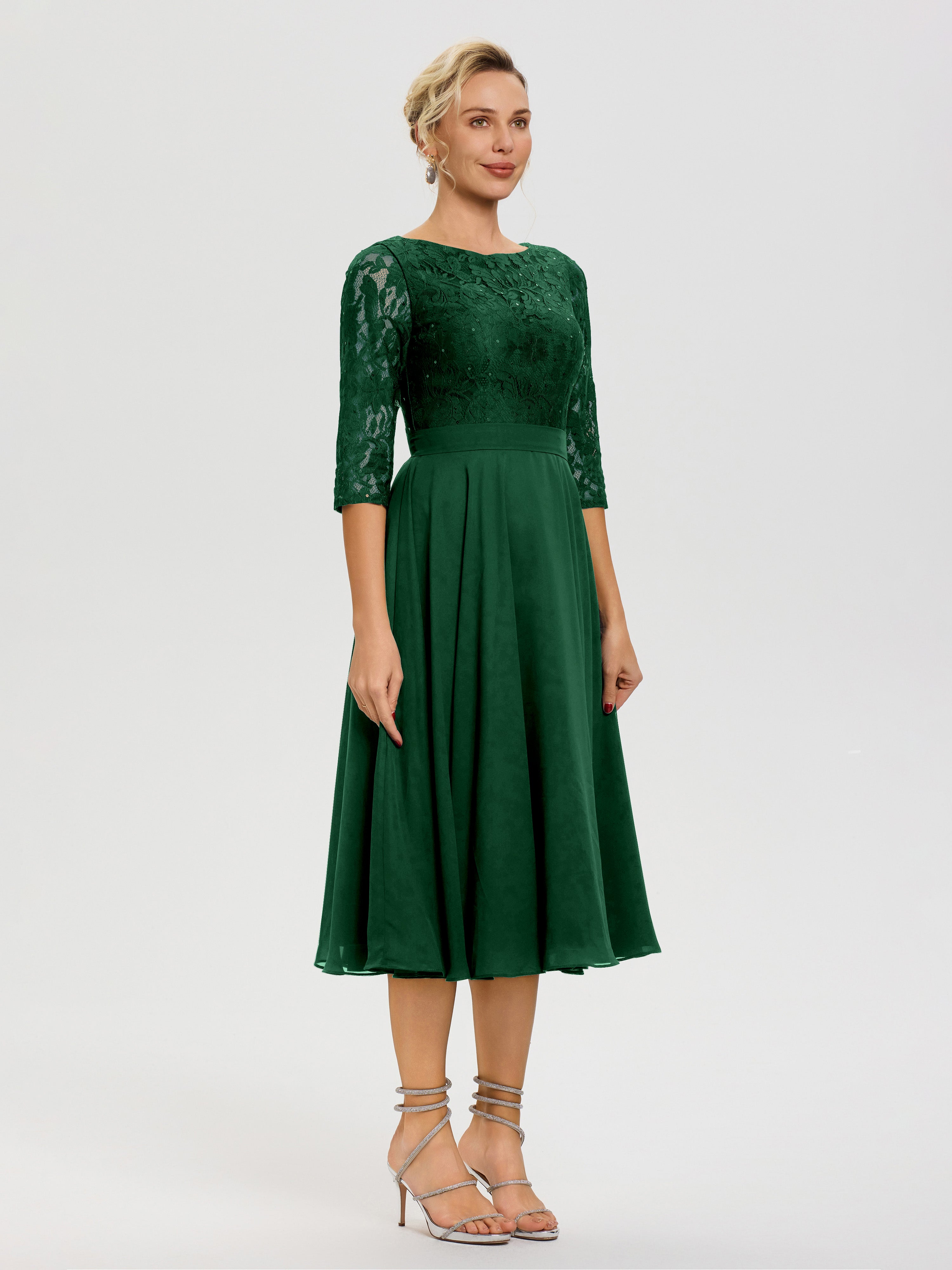 Robe Cérémonie Mariage Mère Du Marié Vert Foncé Col Rond Mousseline & Dentelle Robe Mère De La Mariée