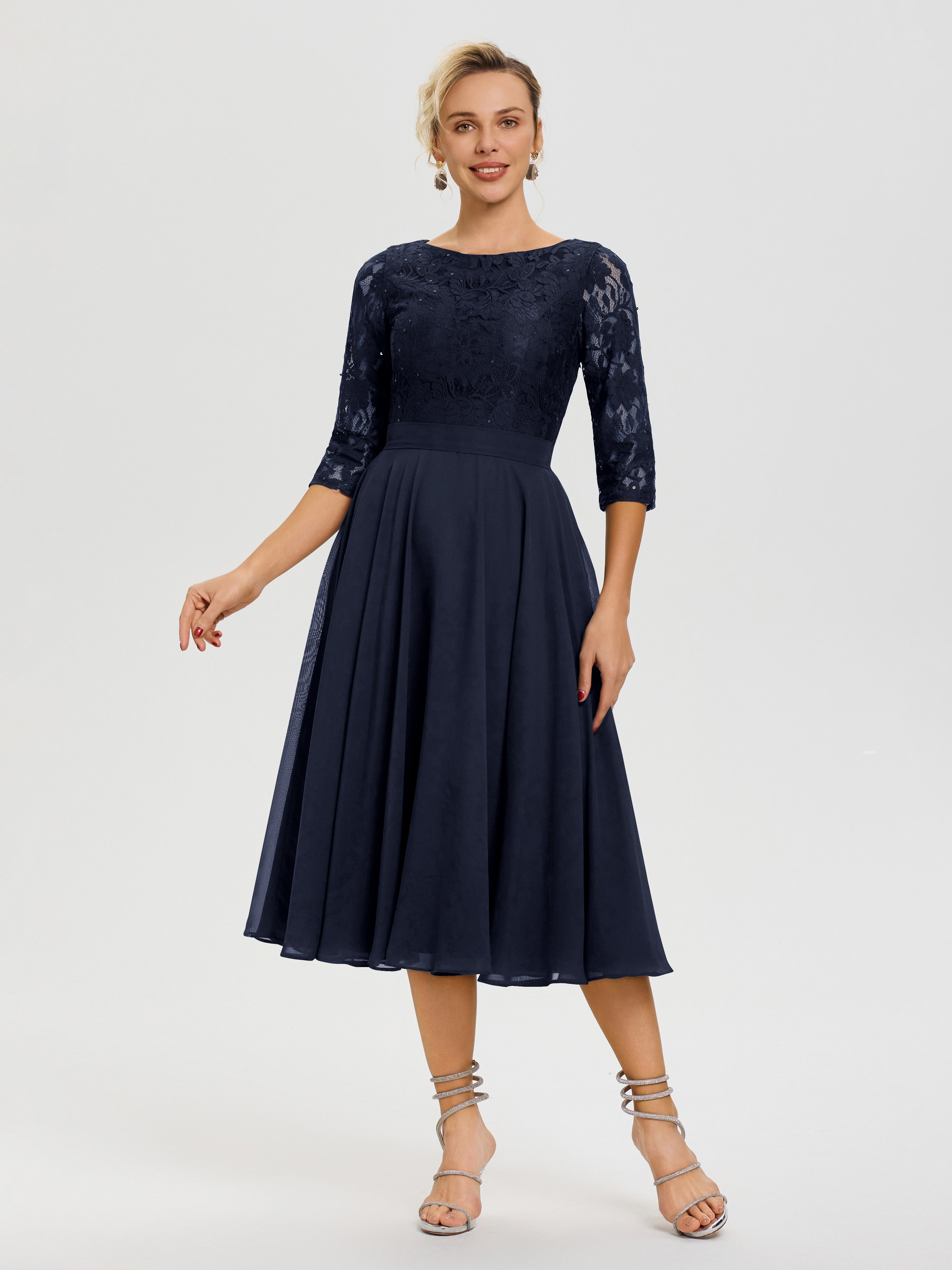 Robe Bleu Marine Mere De La Mariee Col Rond Mousseline & Dentelle Robe Mère De La Mariée