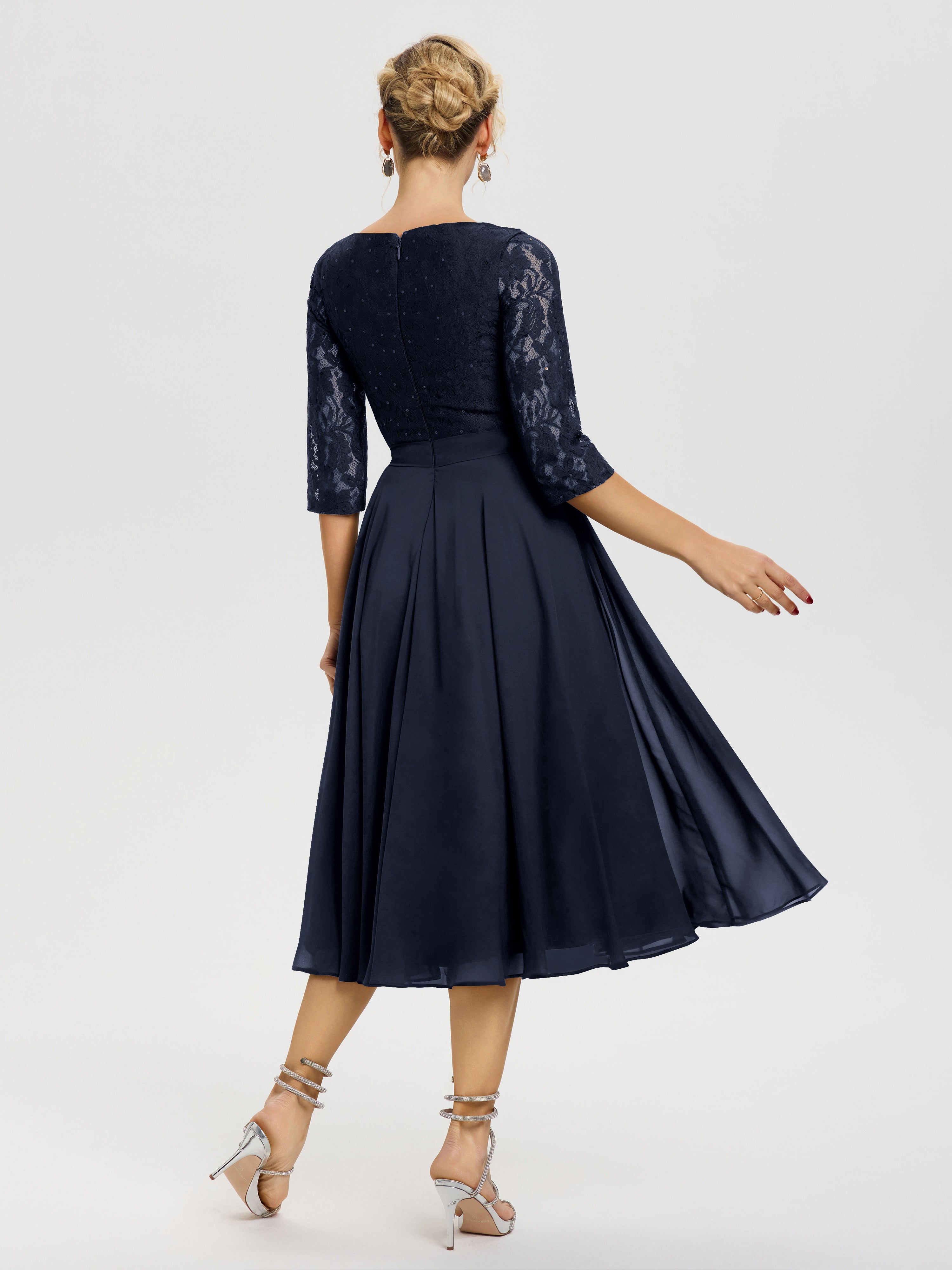 Robe Bleu Marine Mere De La Mariee Col Rond Mousseline & Dentelle Robe Mère De La Mariée