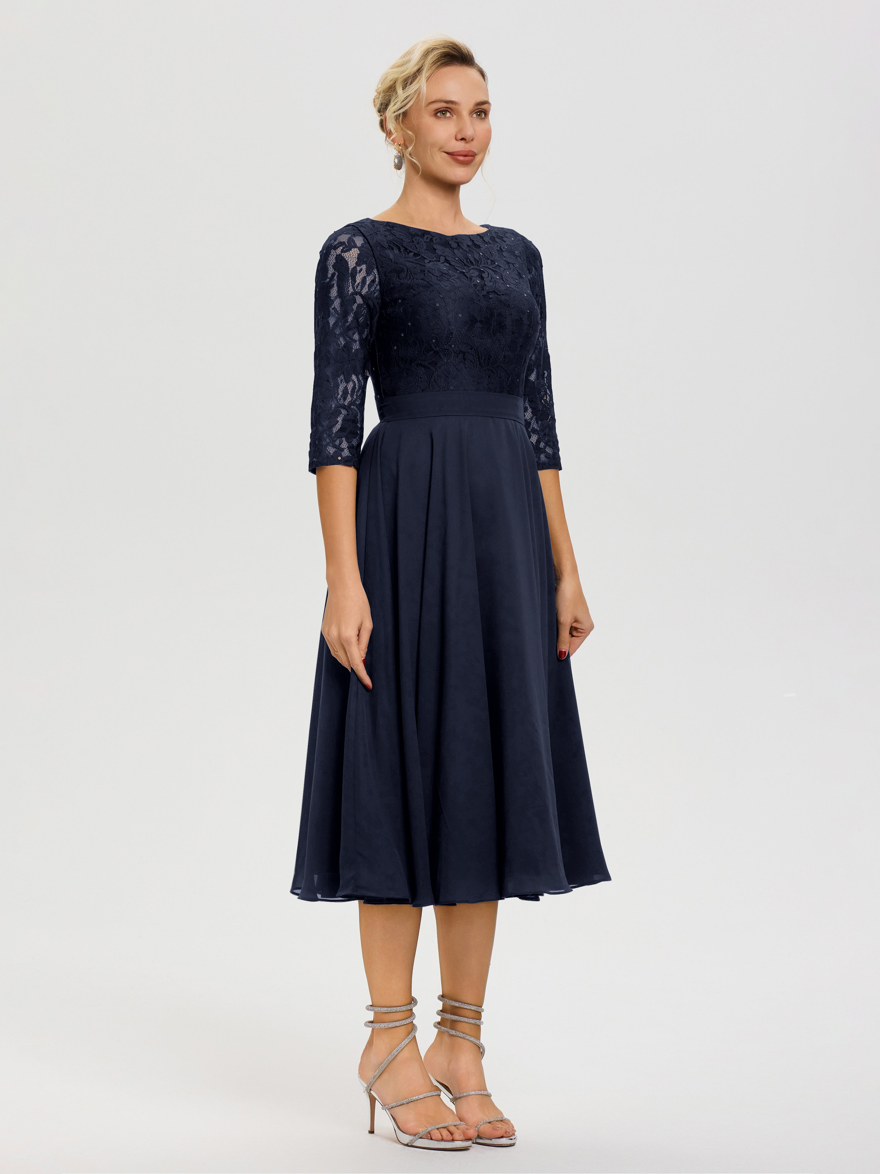 Robe Bleu Marine Mere De La Mariee Col Rond Mousseline & Dentelle Robe Mère De La Mariée