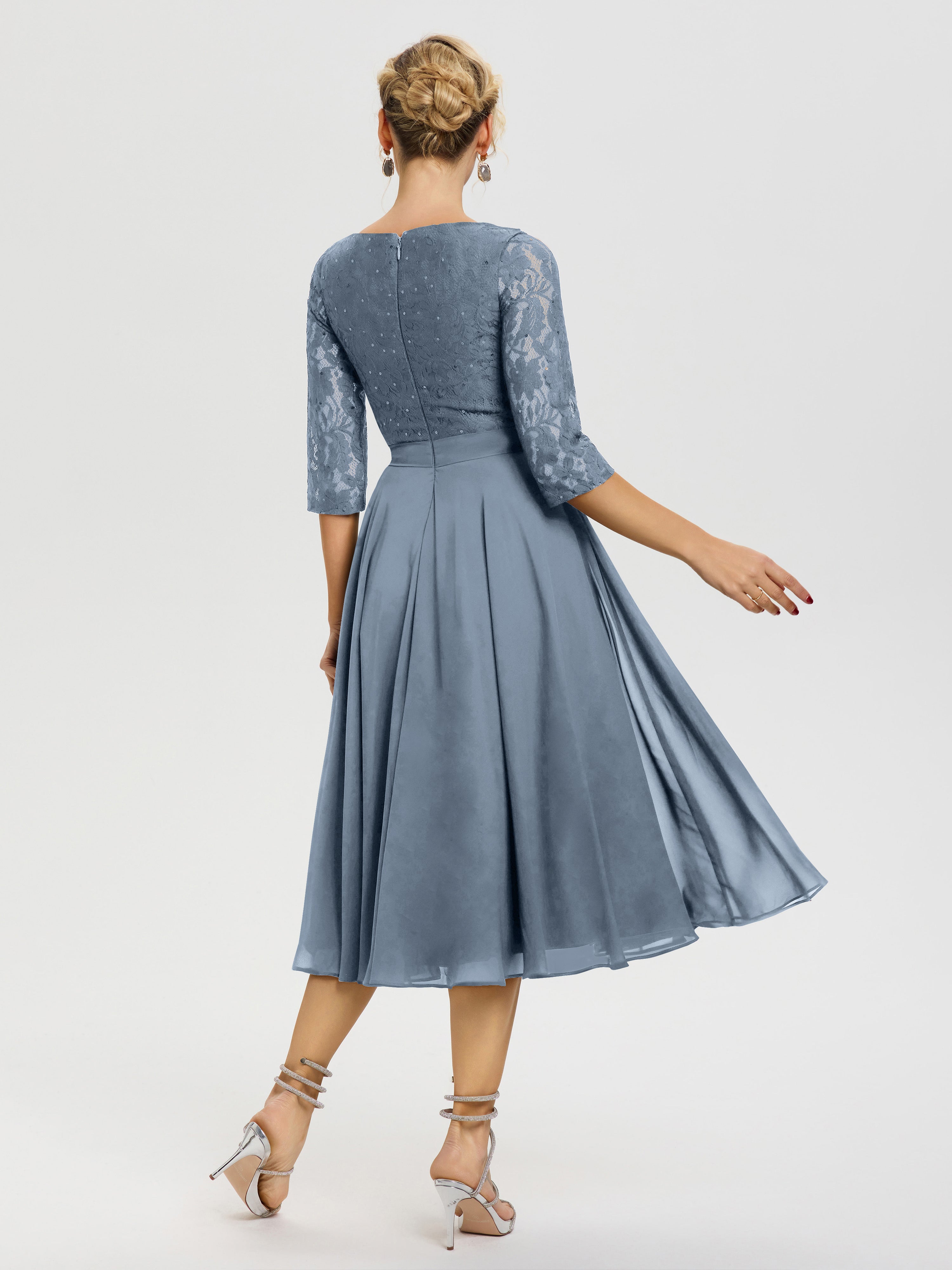Robe Mere Dela Mariee Bleu Poudré Col Rond Mousseline & Dentelle Robe Mère De La Mariée