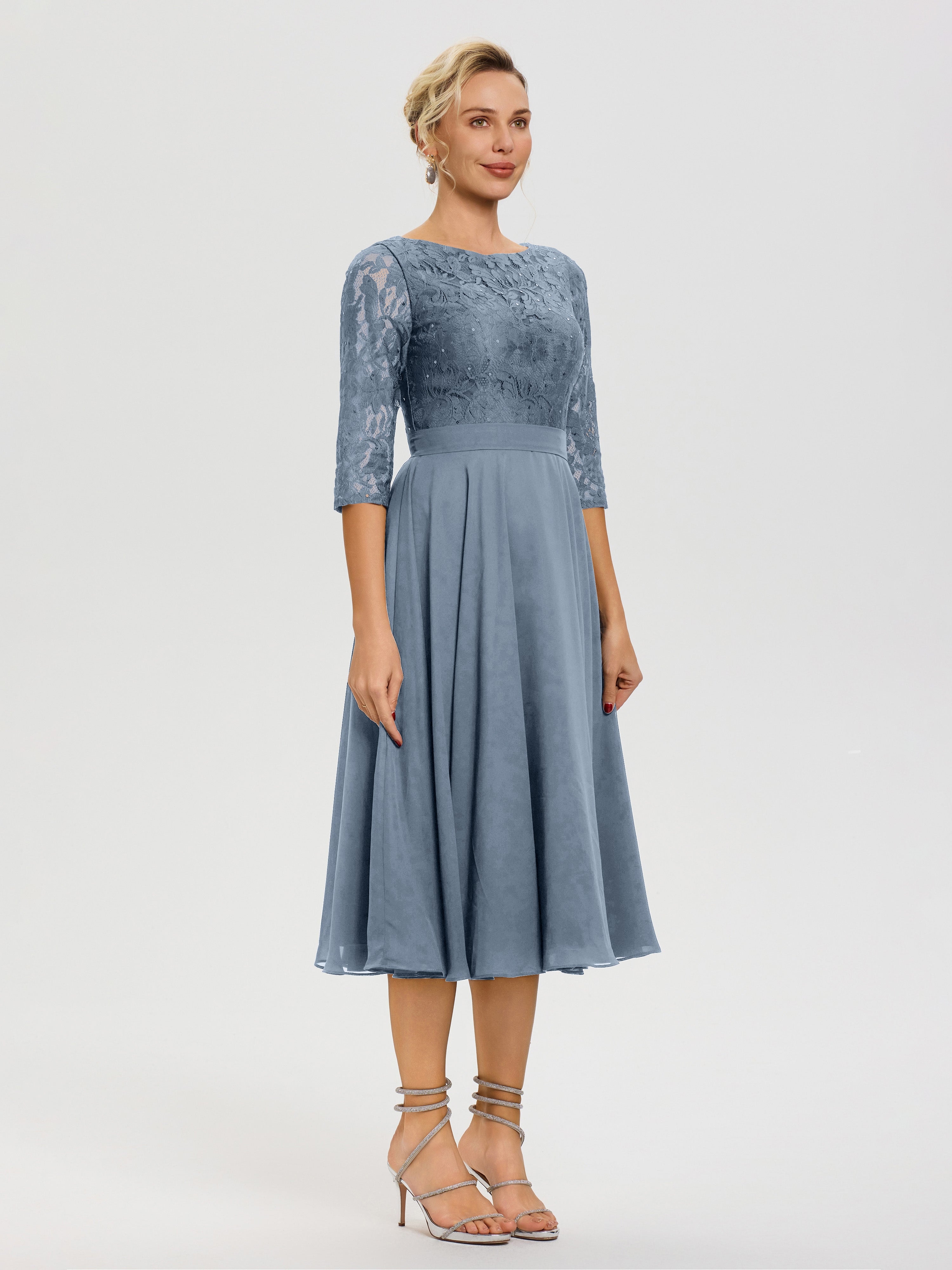 Robe Mere Dela Mariee Bleu Poudré Col Rond Mousseline & Dentelle Robe Mère De La Mariée